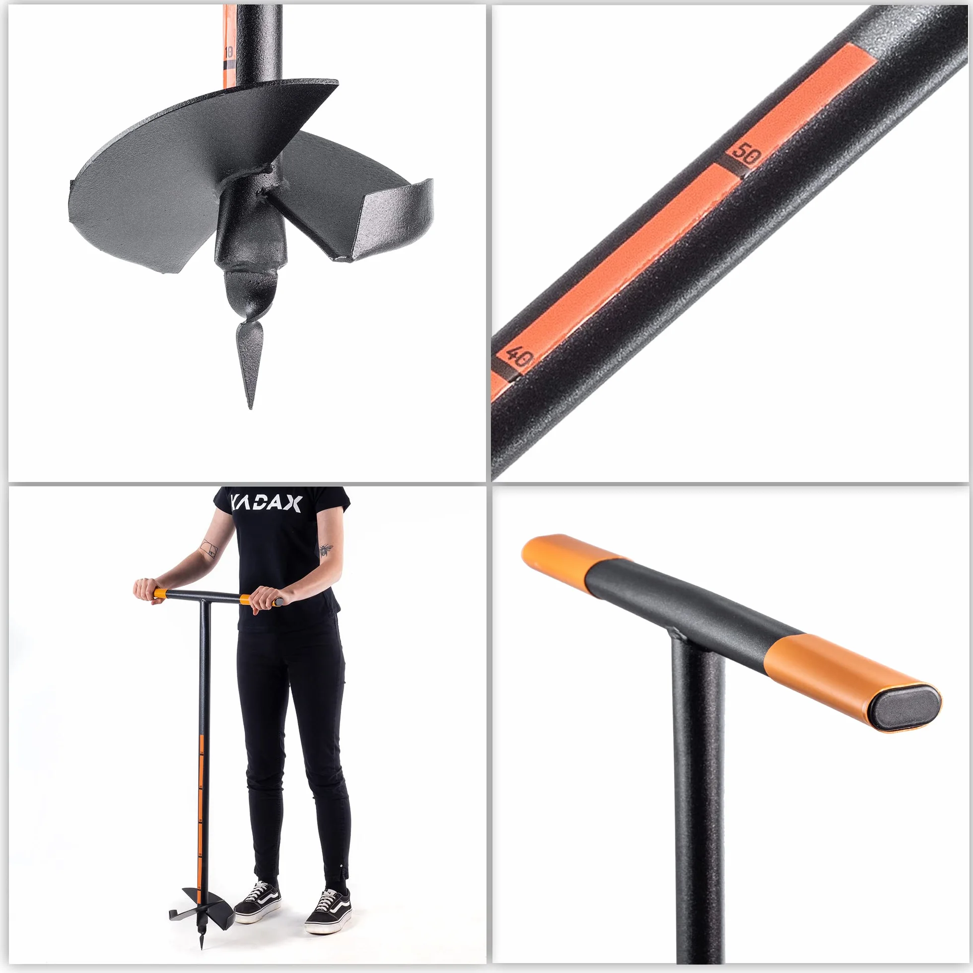 KADAX Świder ziemny ręczny 200 mm, metalowy z uchwytem poprzecznym, spiralny do ogrodu, do słupków, pali, roślin i cebulek, szybsze wiercenie stabilnych otworów