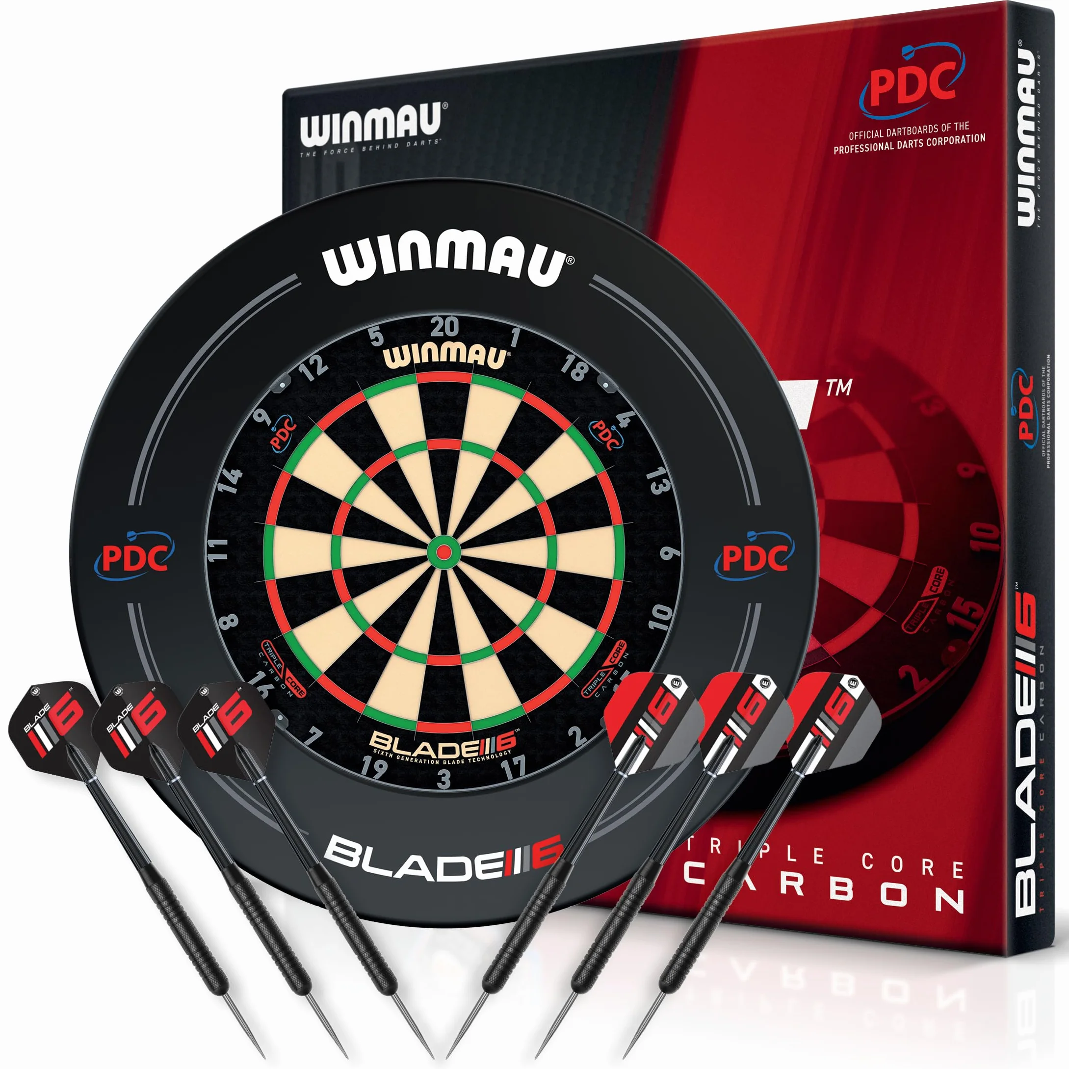 WINMAU Triple Core tarcza do darta z obramowaniem PDC, 2 zestawy stalowych rzutek, system Rota-Lock