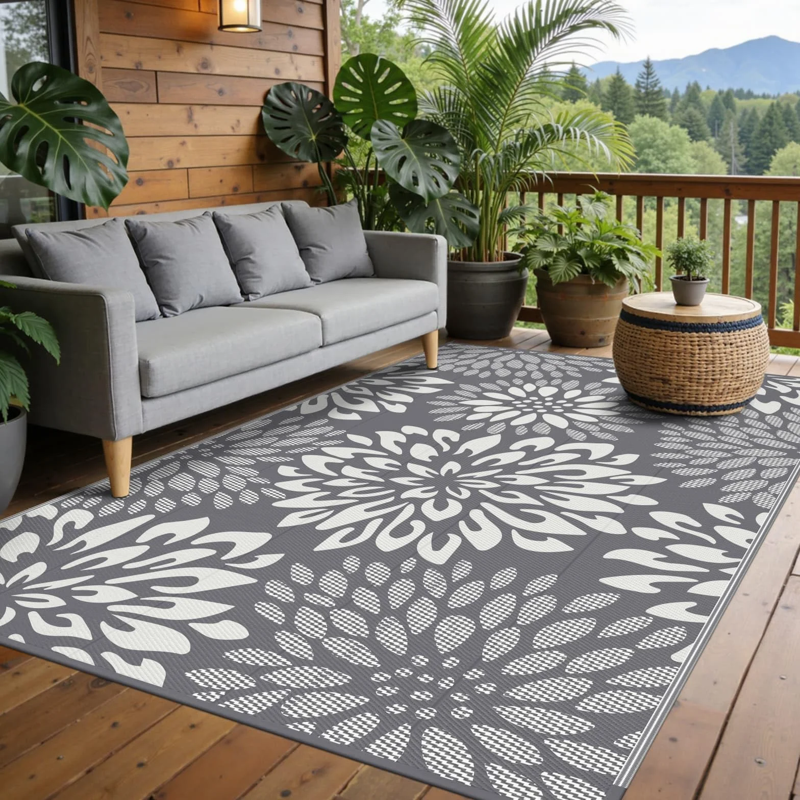 SHACOS Dywan zewnętrzny 180 x 270 cm Duży Dwustronny, Dywany Ogrodowe Wodoodporne Patio Odporne na UV Lekkie, z Plastikowej Słomki Mata Zewnętrzna na Patio Balkon Kemping Podwórko Plażę, Liść, Szary