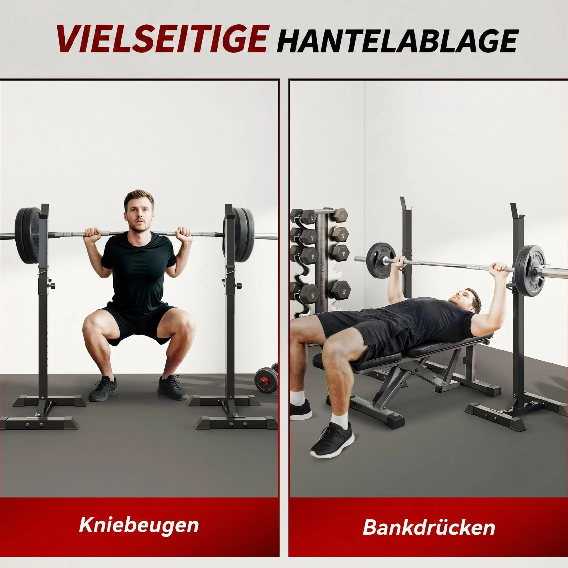 HOMCOM Stojak na hantle, zestaw 2 szt., stojak na długie hantle z regulacją wysokości, sztanga długa z gumowymi nakładkami, 105-160 cm, trening siłowy, do 150 kg, stal