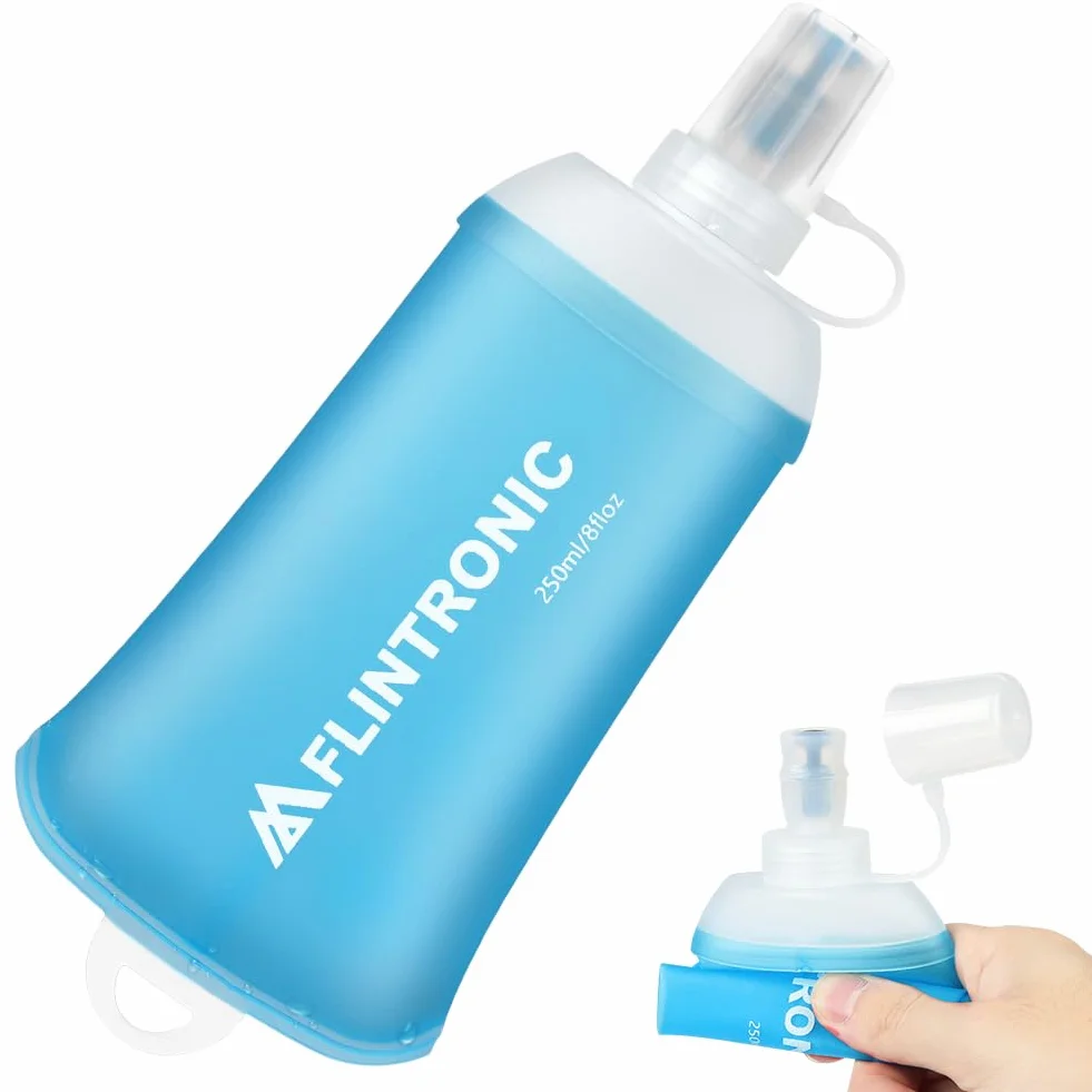 Flintronic Składana butelka na wodę z tworzywa TPU, miękka butelka, 250 ml, nie zawiera BPA, do nawodnienia plecaków, rowerów, wędrówek, joggingu, kempingu i wspinaczki (jasnoniebieska)