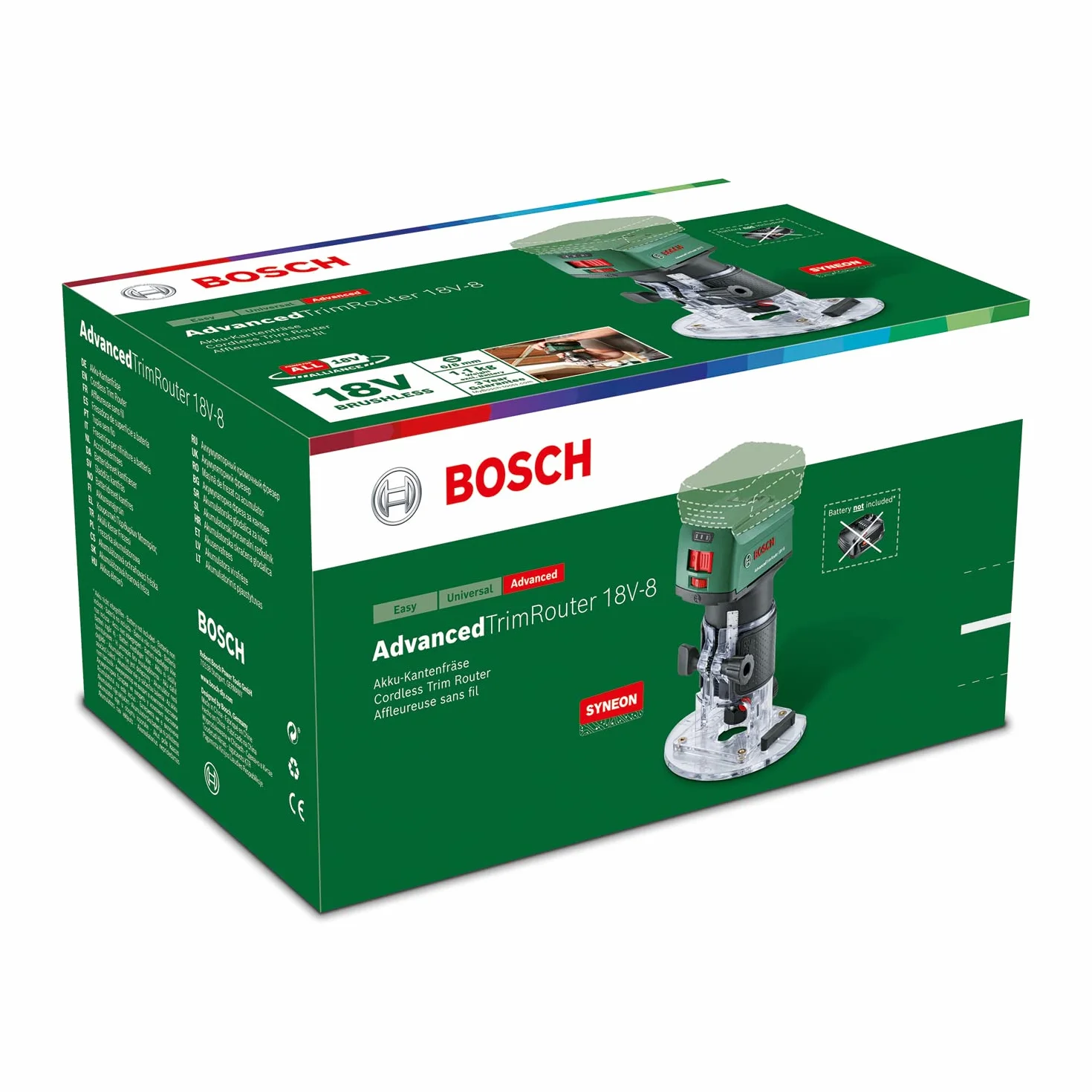 Bosch Home and Garden Akumulatorowa Frezarka do Krawędzi Bosch Advancedtrimrouter 18V-8, Bez Akumulatora, System 18V, Silnik Bezszczotkowy, Opakowanie Kartooptymalne
