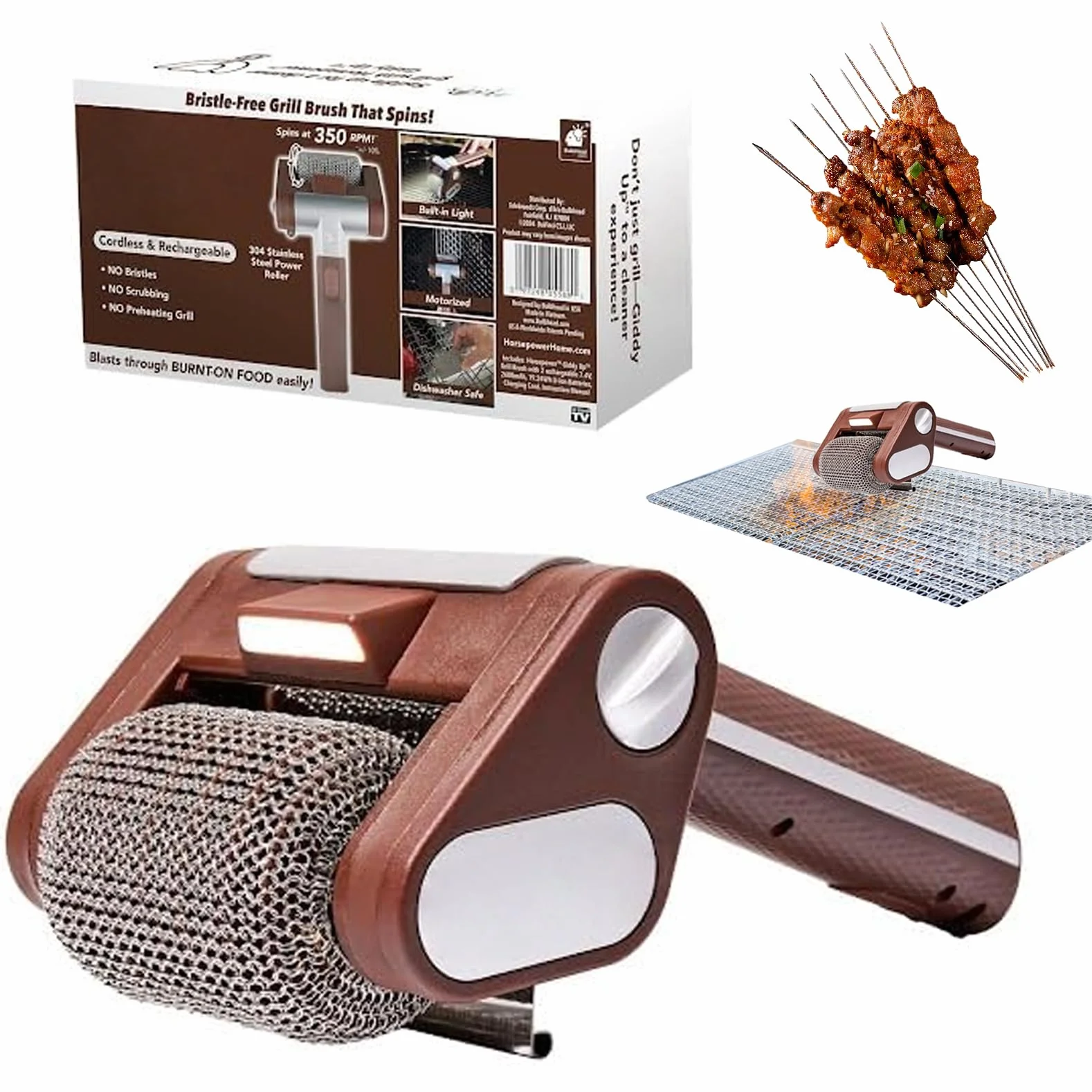 Akumulatorowa szczotka do czyszczenia grilla elektrycznego ze światłem LED i obrotem o 360°, do grilla na świeżym powietrzu i wałków do hot dogów