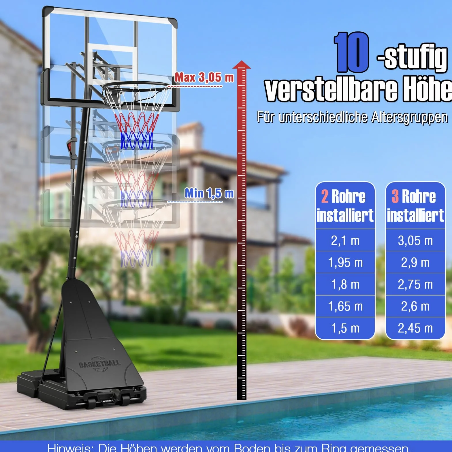 GOPLUS Kosz do koszykówki do użytku na zewnątrz, regulowana wysokość 150-305 cm, kosz do koszykówki z tylną ścianką PC, stojak do koszykówki z kółkami, dla dzieci, młodzieży i dorosłych