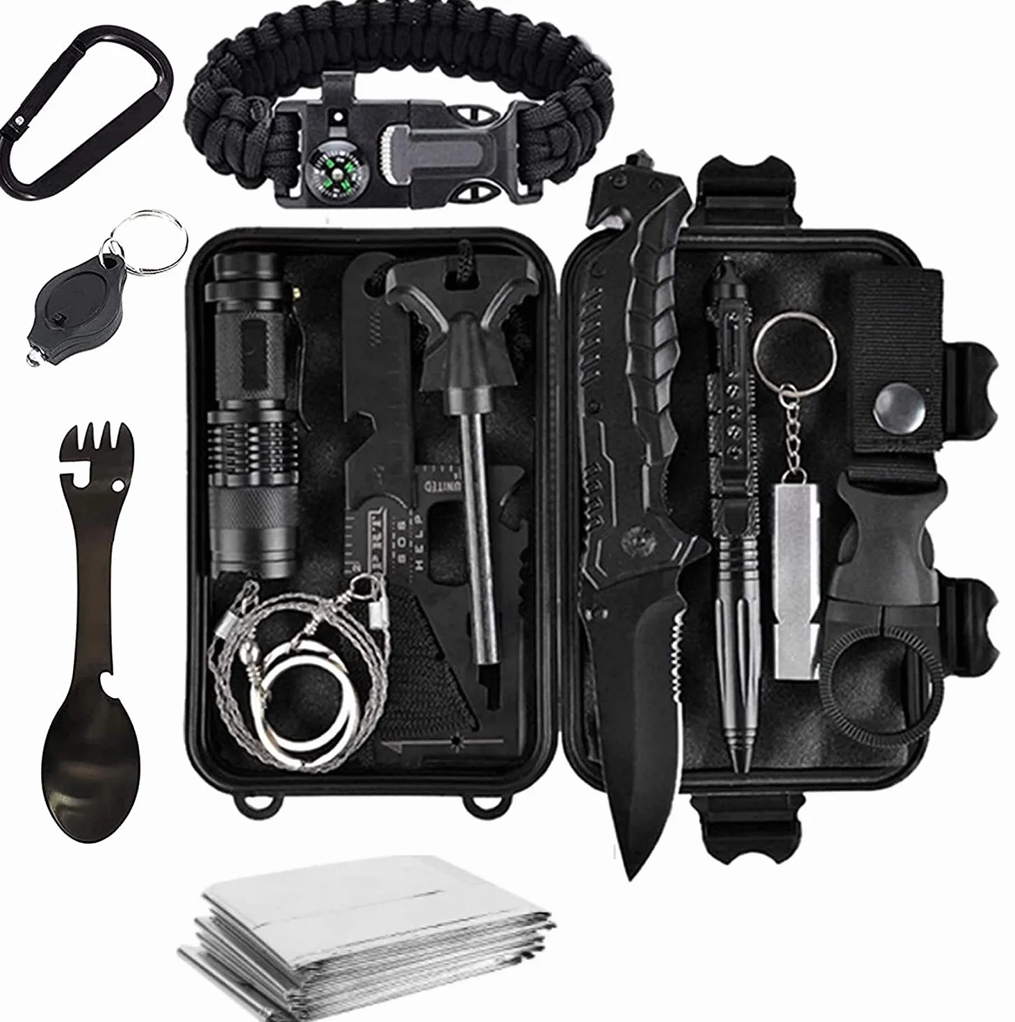 Zestaw survivalowy 15 w 1 nóż latarka taktyczna czarny