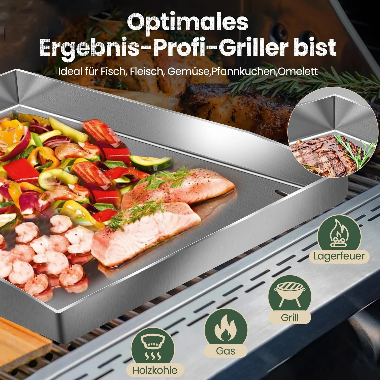 Premium Plancha zestaw ze szpachelką do grilla, 30 x 40 cm, uniwersalna płyta grillowa ze stali nierdzewnej do grilla gazowego i węglowego, płyta grillowa ze stali nierdzewnej 4 mm