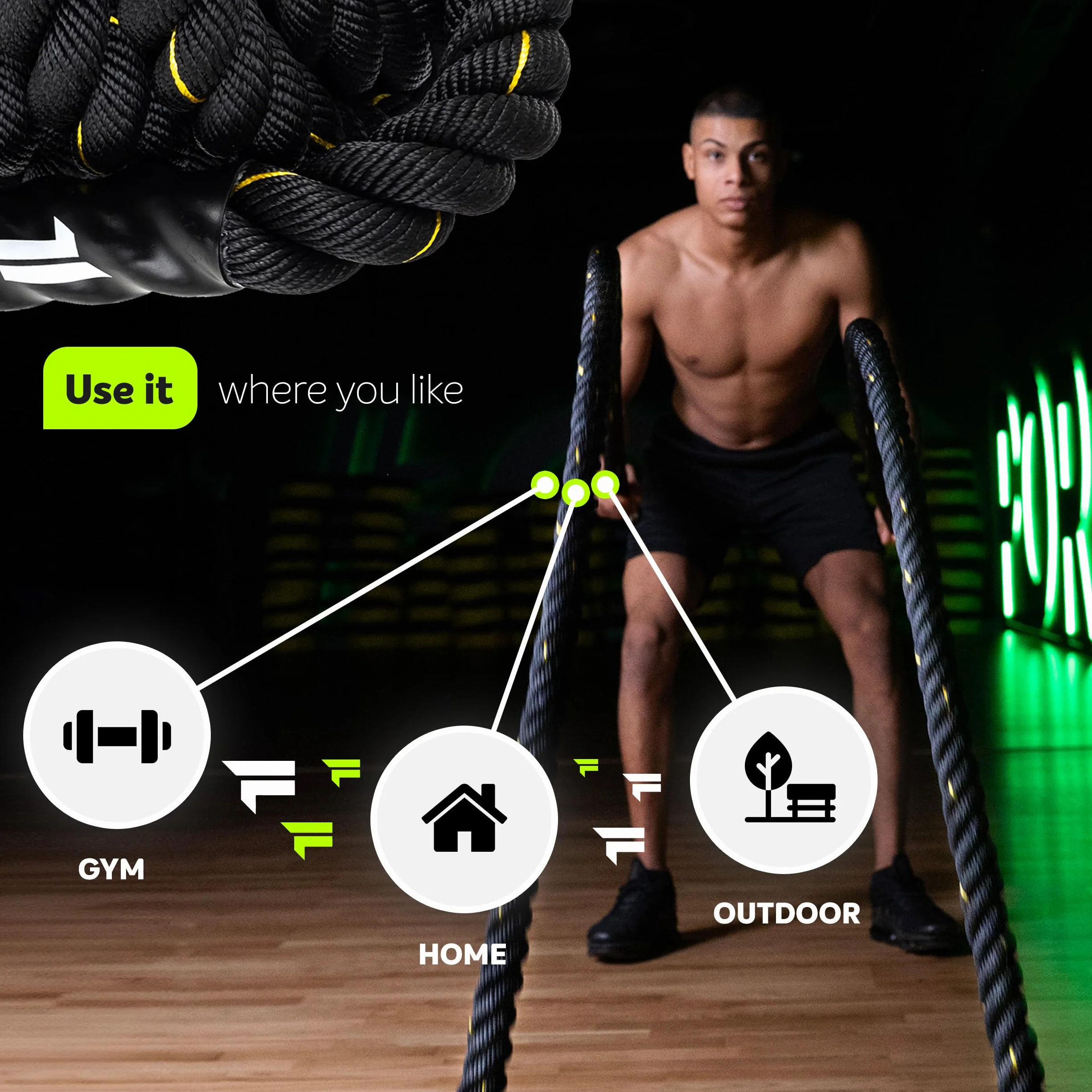 Fizyo Profesjonalna Lina Treningowa z Powlekanymi Końcówkami 9m - Battle Rope do Treningu Funkcjonalnego, Siłowego, Wytrzymałościowego i Koordynacyjnego, Uderzeniowa Lina Zamachowa do Ćwiczeń
