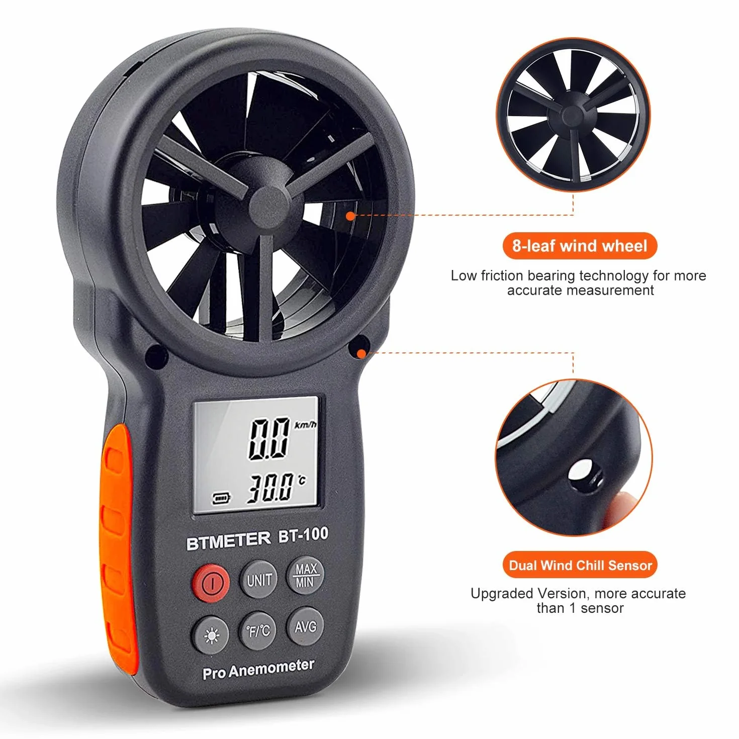 BTMETER BT-100 ręczny anemometr, cyfrowy miernik prędkości wiatru, miernik prędkości przepływu powietrza, tester prędkości przepływu powietrza do strzelania, latania dronem, HVAC, chłód wiatru, temperatura wiatru 10,0°C - 45°C