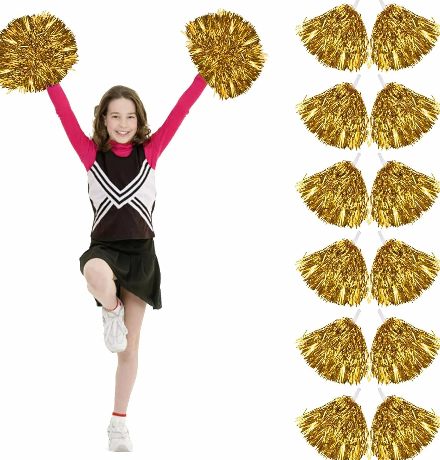 12 sztuk cheerleaderek, pompompon dla dziewcząt, pompompon dla dziewcząt, może być używany do tańca, cheerleaderek, wielokolorowe pompki, dla dzieci i dorosłych, na imprezę kostiumową (złote)