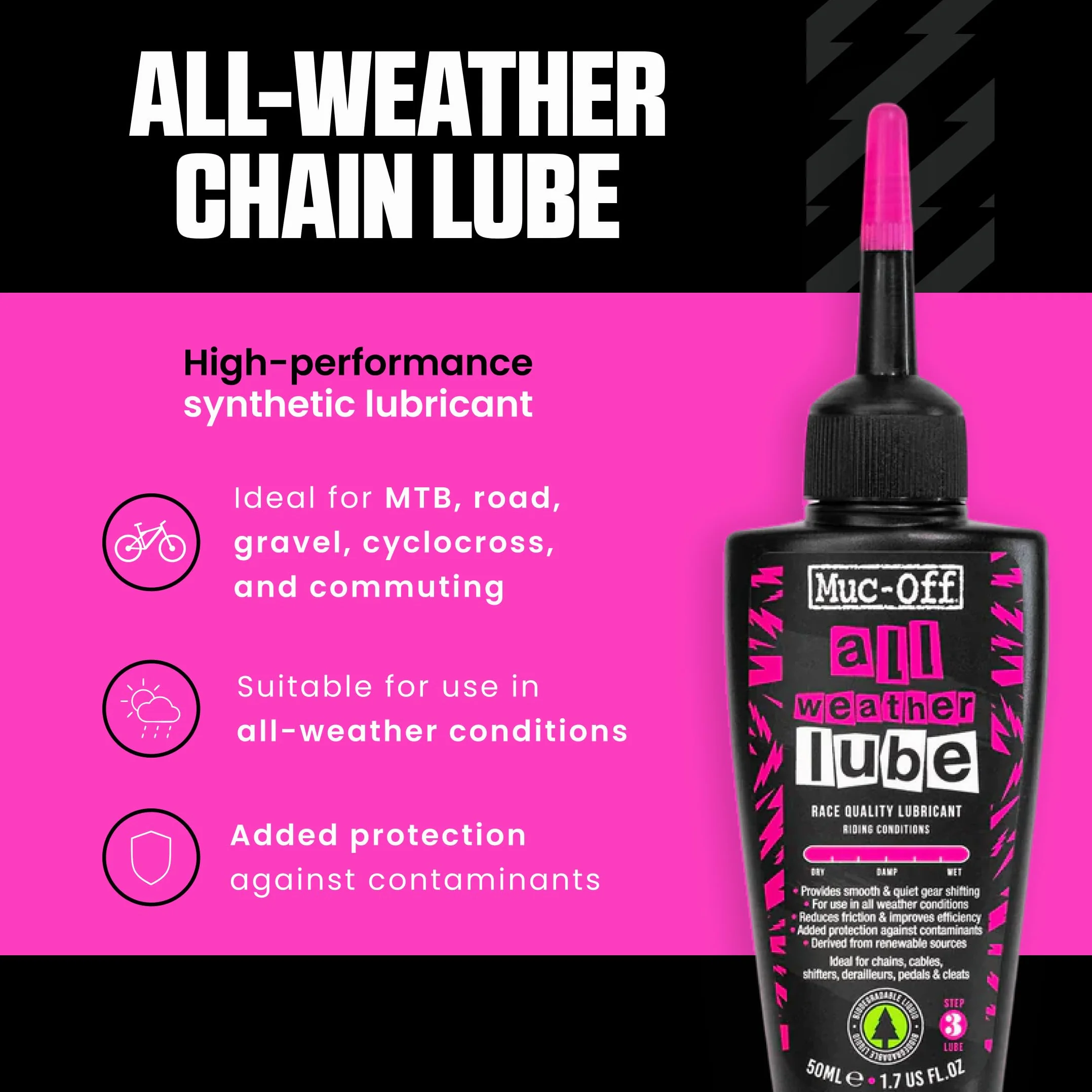 Muc-Off All-Weather Chain Lube, 50ml – Smar do Łańcucha Rowerowego, Olej do Łańcucha Rowerowego, Olej do Smarowania Łańcucha – Biodegradowalny Olej do Łańcucha do Każdych Warunków Pogodowych