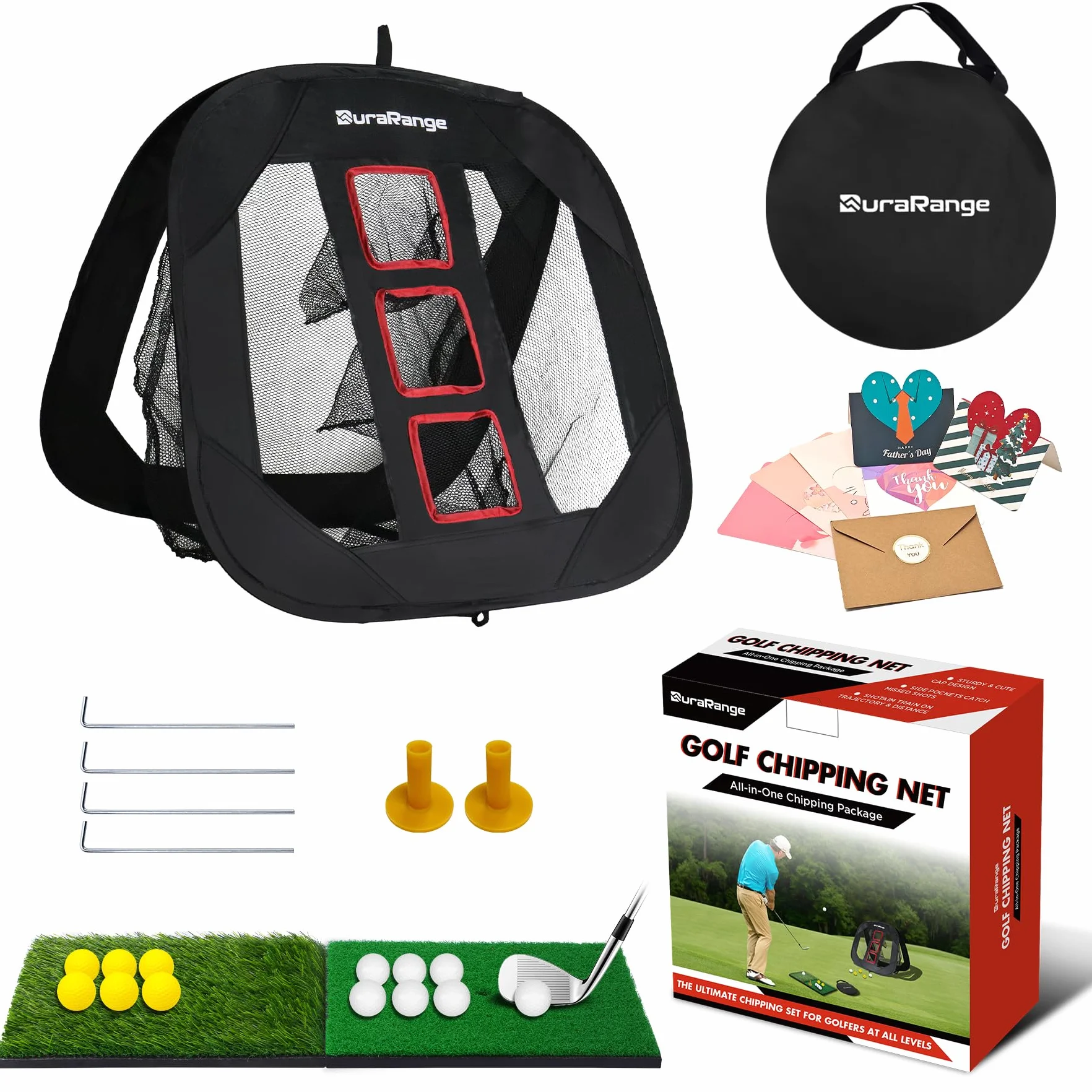 DURARANGE składany zestaw treningowy golfowy 2 maty 6 piłek treningowych 6 piłek piankowych czarny