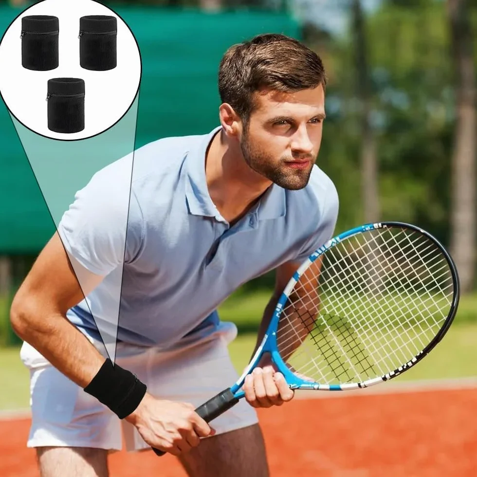 Sportowa opaska przeciwpotowa na nadgarstek, 3 sztuki, sportowa opaska przeciwpotowa z praktyczną kieszenią na zamek błyskawiczny, bawełniana torba na nadgarstek, dla mężczyzn i kobiet, do