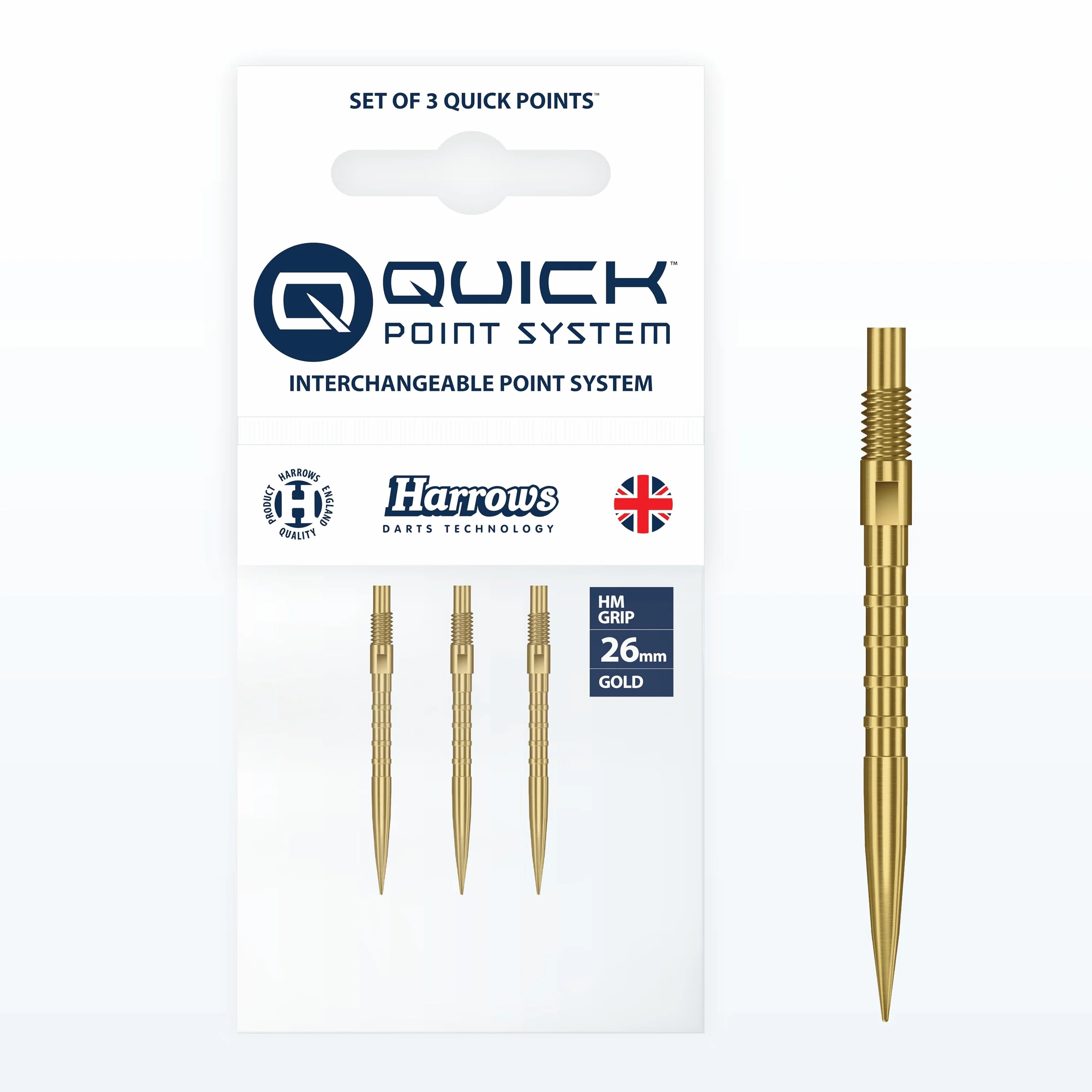 Harrows HM Grip Heavy Metal Quick Points – punkty do rzutek inspirowane Ryanem Searle z kwadratowymi pierścieniami na palec – system szybkiego punktu do szybkiej wymiany punktów, złoto 26 mm