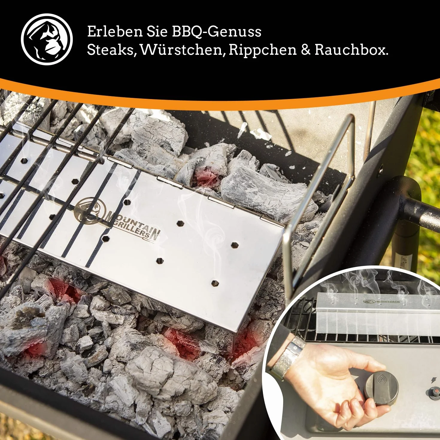 Mountain Grillers Pojemnik do wędzenia ze stali nierdzewnej do grilla – przyjemność grillowania z aromatem – do piłki, węgla i grilla gazowego – wytrzymałe akcesoria do wędzenia chipsów – praktyczna