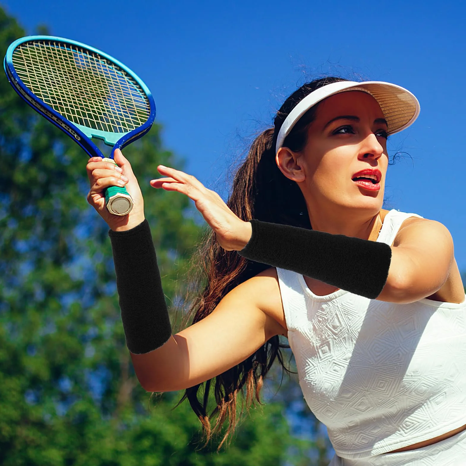 COMNICO Elastyczne sportowe opaski na nadgarstek, 2 szt., 15 cm, chłonne, frotte, długie bawełniane sportowe opaski na nadgarstek do treningu, piłki nożnej, koszykówki, tenisa, na siłownię, cosplay, 2