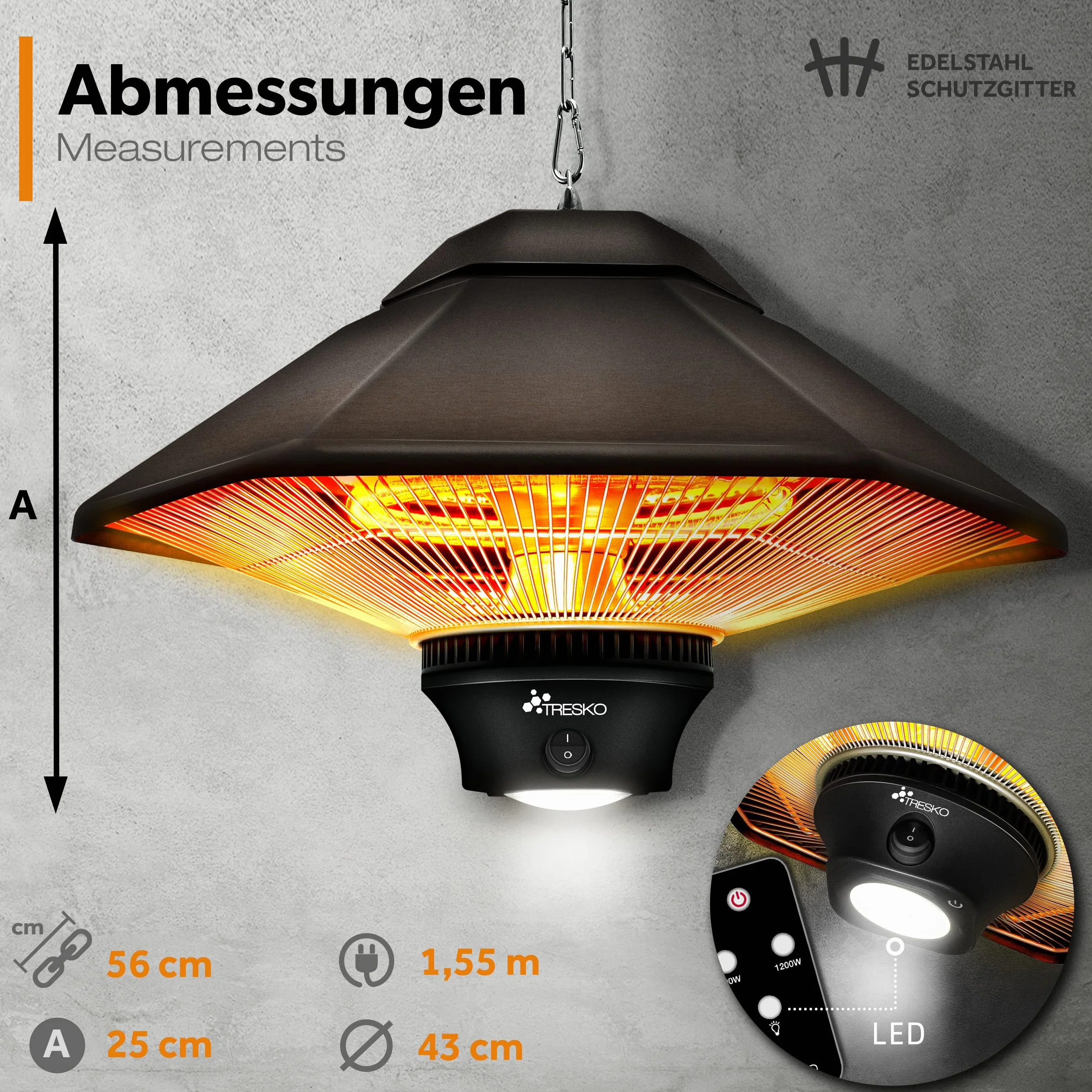 TRESKO Promiennik sufitowy 1200 W z pilotem zdalnego sterowania, promiennik ciepła z 2 stopniami ogrzewania, promiennik tarasowy, ogrzewanie na podczerwień, do wewnątrz i na zewnątrz, promiennik podczerwieni, do namiotu, na taras