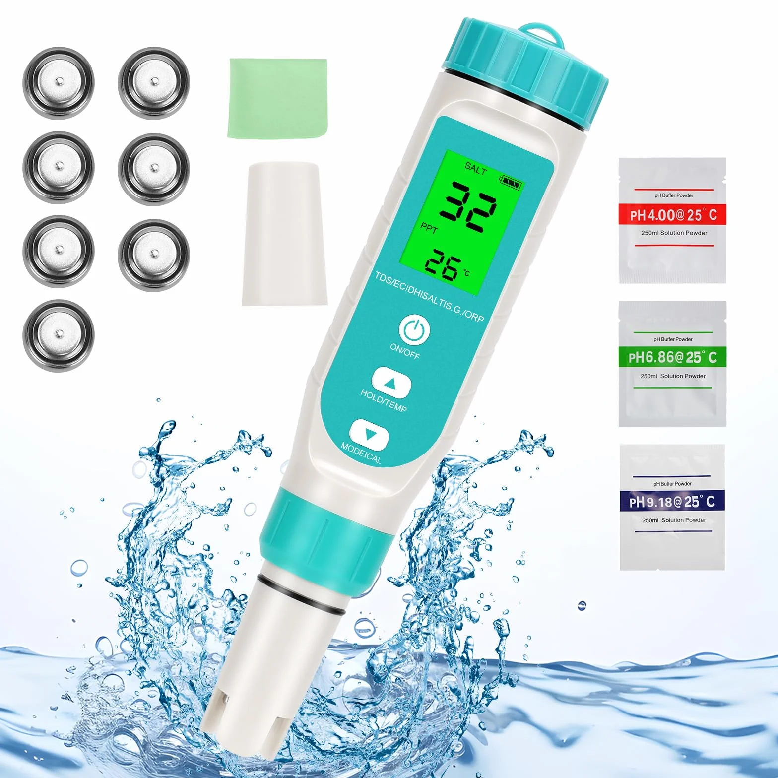 WADEO Miernik ph, 7 w 1 miernik ph wody do PH/TDS/EC/zasolenia/S.G/Gold/Temperatura, phmetr z wyświetlaczem LCD, precyzyjny test wody pitnej do wody pitnej, basenu, akwarium