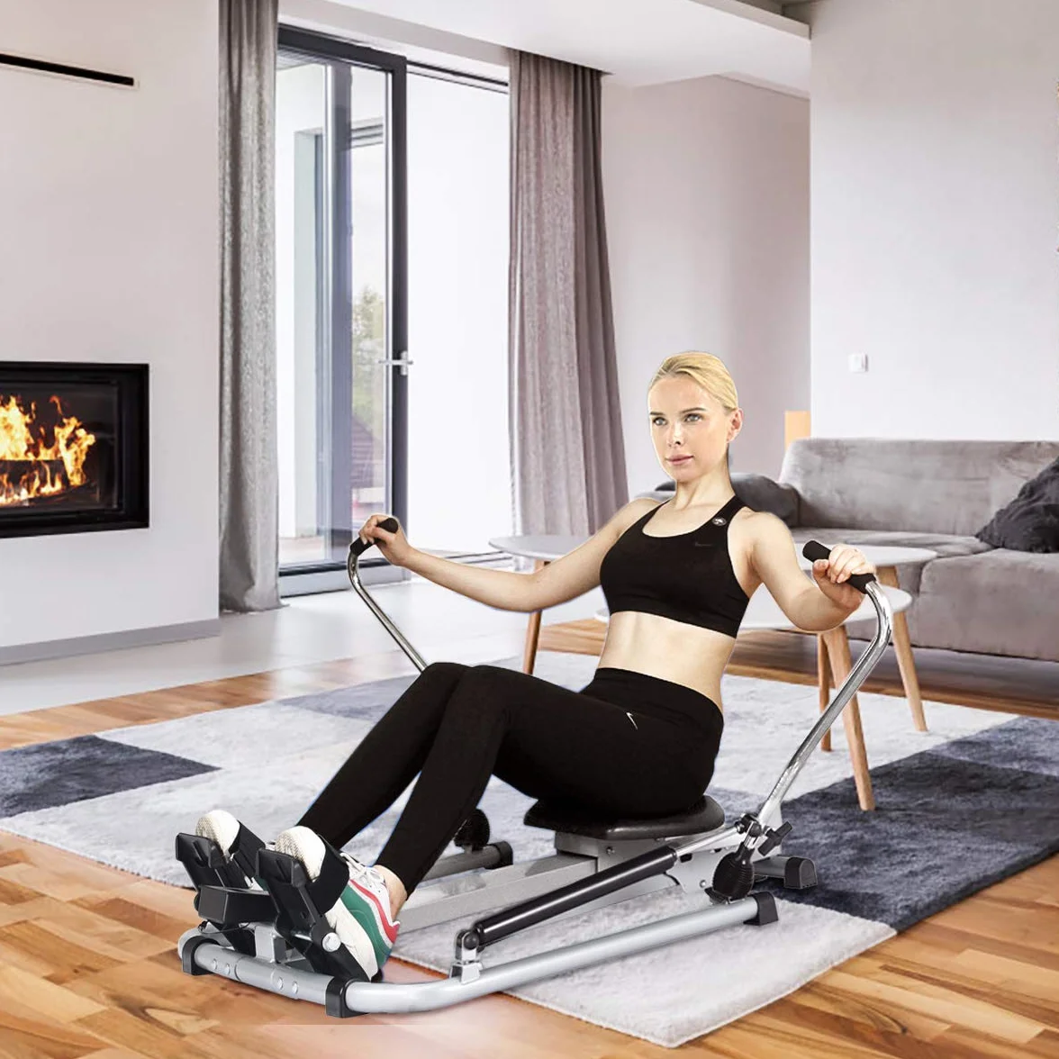 KOMFOTTEU Składana hydrauliczna maszyna do wioślarstwa do domu z regulowaną wytrzymałością do 50 kg narzędzie do siłowni fitness z wyświetlaczem LCD, pojemność do 100 kg