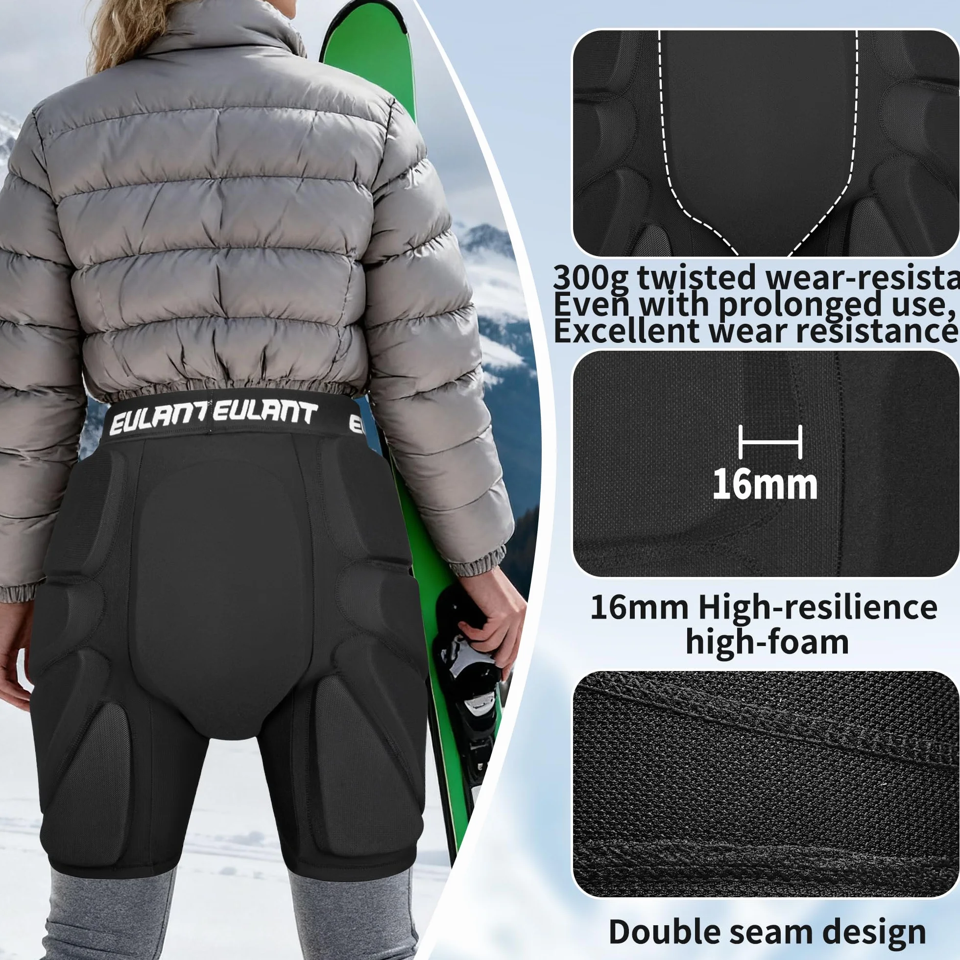 EULANT Ochronne wyściełane szorty na snowboard, narty, łyżworolki, rowery, ochraniacze 3D, na biodra, pośladki, kość ogonową, czarne