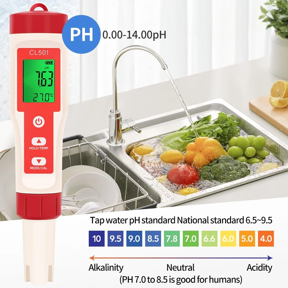OBEST Miernik chloru i pH basen 5 w 1, phmetr ORP H2 Temperatura, test twardości wody, tester pH do basenu z wyświetlaczem LCD, miernik pH wody pitnej, spa lub laboratorium