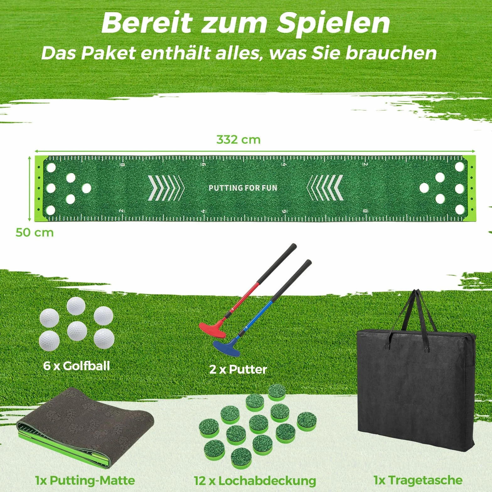 COSTWAY Mata do Golfa 332x50 cm Przenośna Zielona z Paterami Piłkami Otworami