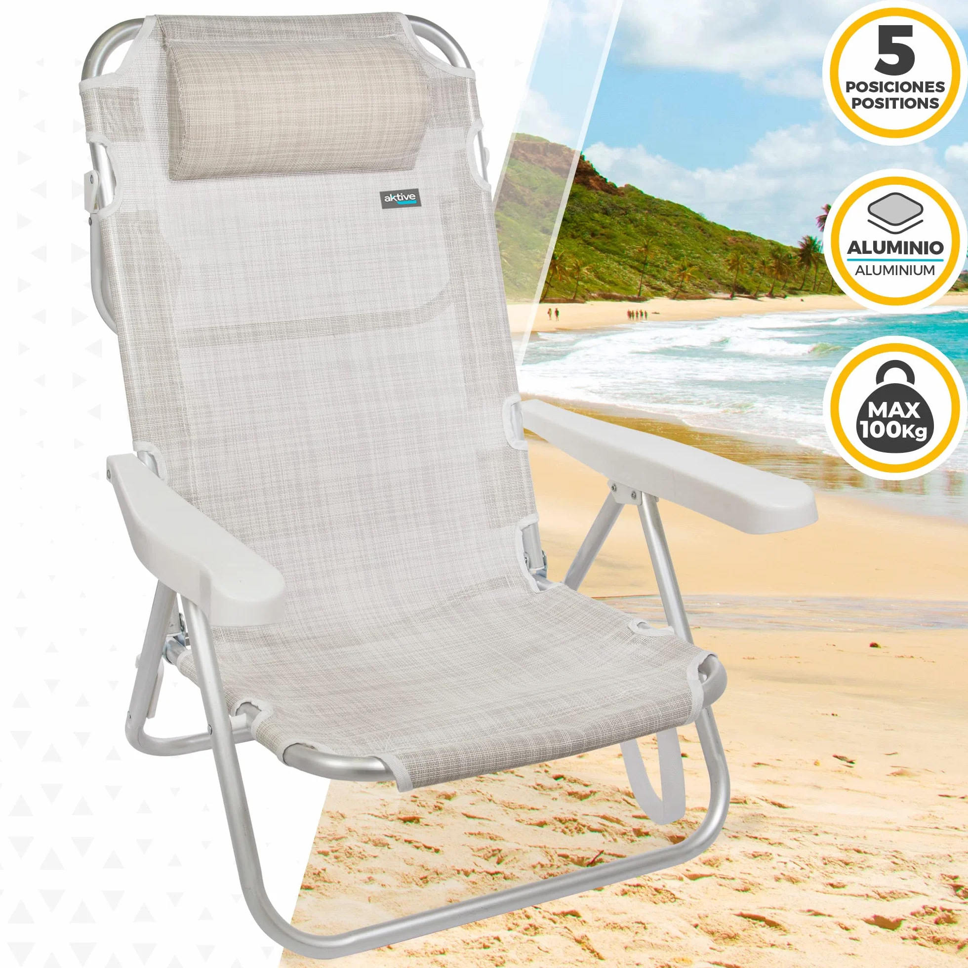 Aktive 62254-2-pak wielopozycyjnych składanych krzeseł, na plażę, do ogrodu, na taras lub kemping, 5 różnych pozycji, wysokość 21 cm, wymiary 48 x 45,5 x 84 cm, wzmocniony uchwyt do noszenia