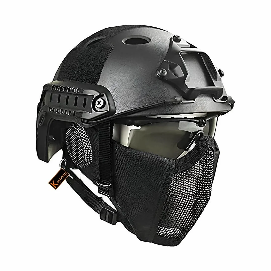 MH taktyczny szybki kask w połączeniu, ze składaną ochroną słuchu, półmaska ​​z siateczką i goglami do zestawu gier Airsoft Paintball CS