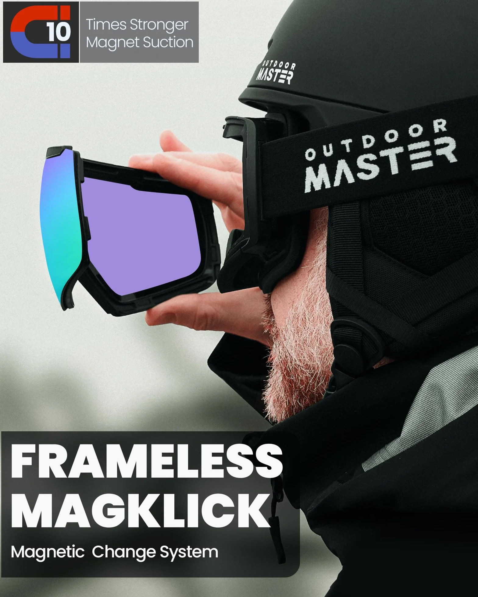 Gogle narciarskie OutdoorMaster Heron z 2 soczewkami, bezramkowe, magnetyczne wymienne soczewki toryczne HD, gogle snowboardowe OTG dla mężczyzn i kobiet, 100% ochrona przed promieniowaniem UV