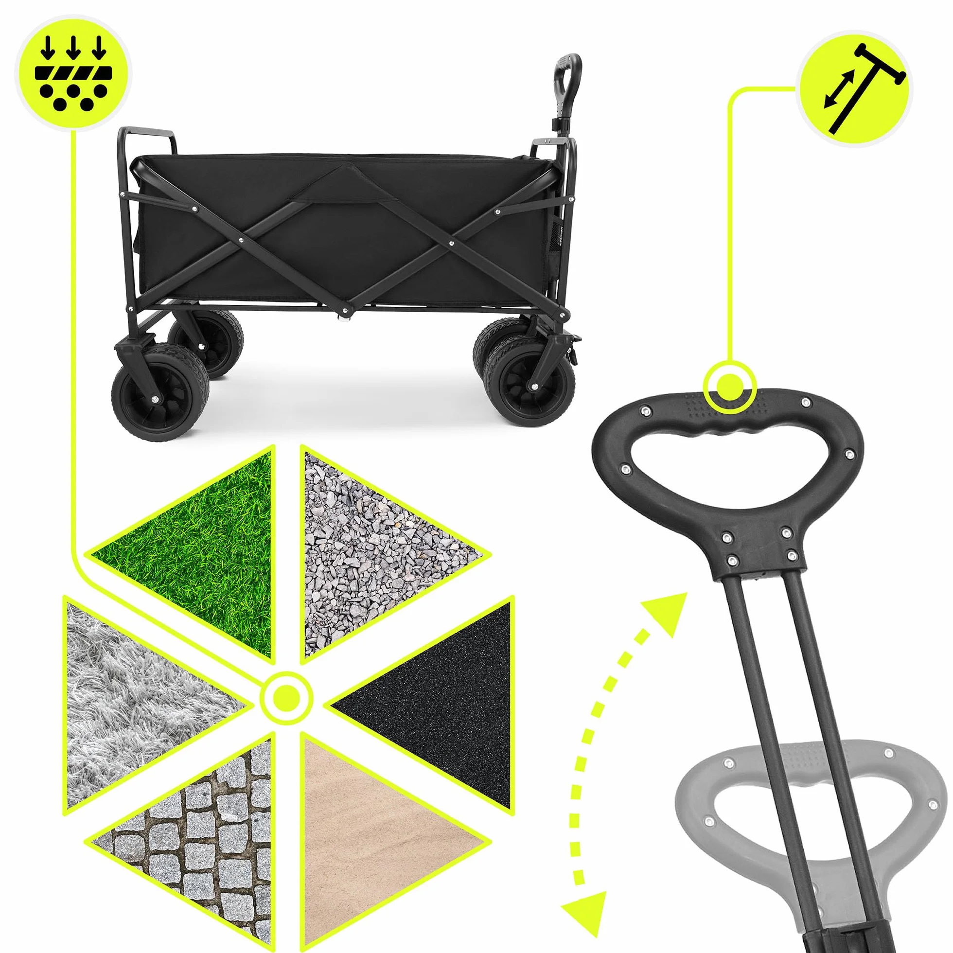 HyperMotion Wózek Turystyczny Składany Czarny – Udźwig 120 kg – Terenowy Wózek Transportowy na Plażę, Camping i Zakupy – Obrotowe Koła, Hamulce, Tkanina Oxford 600D