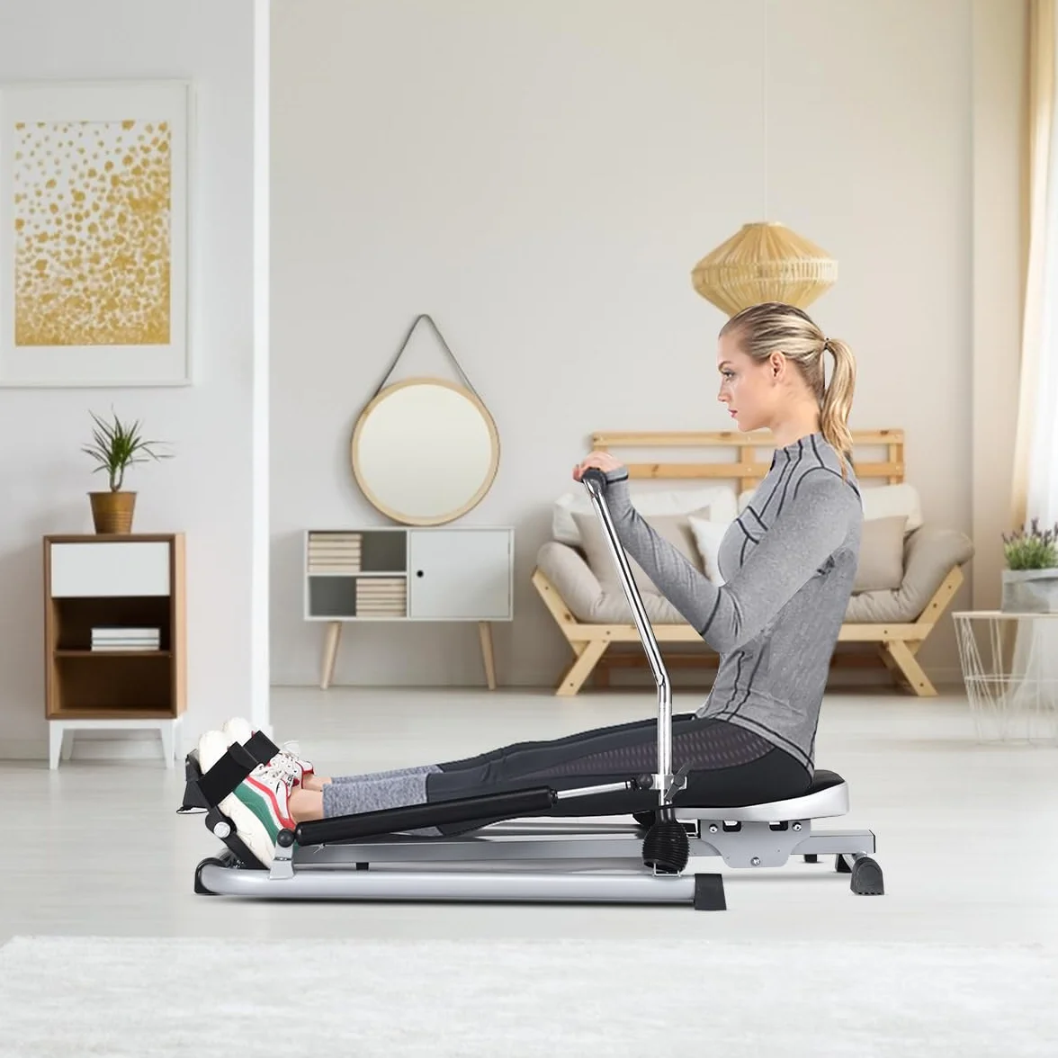 KOMFOTTEU Składana hydrauliczna maszyna do wioślarstwa do domu z regulowaną wytrzymałością do 50 kg narzędzie do siłowni fitness z wyświetlaczem LCD, pojemność do 100 kg