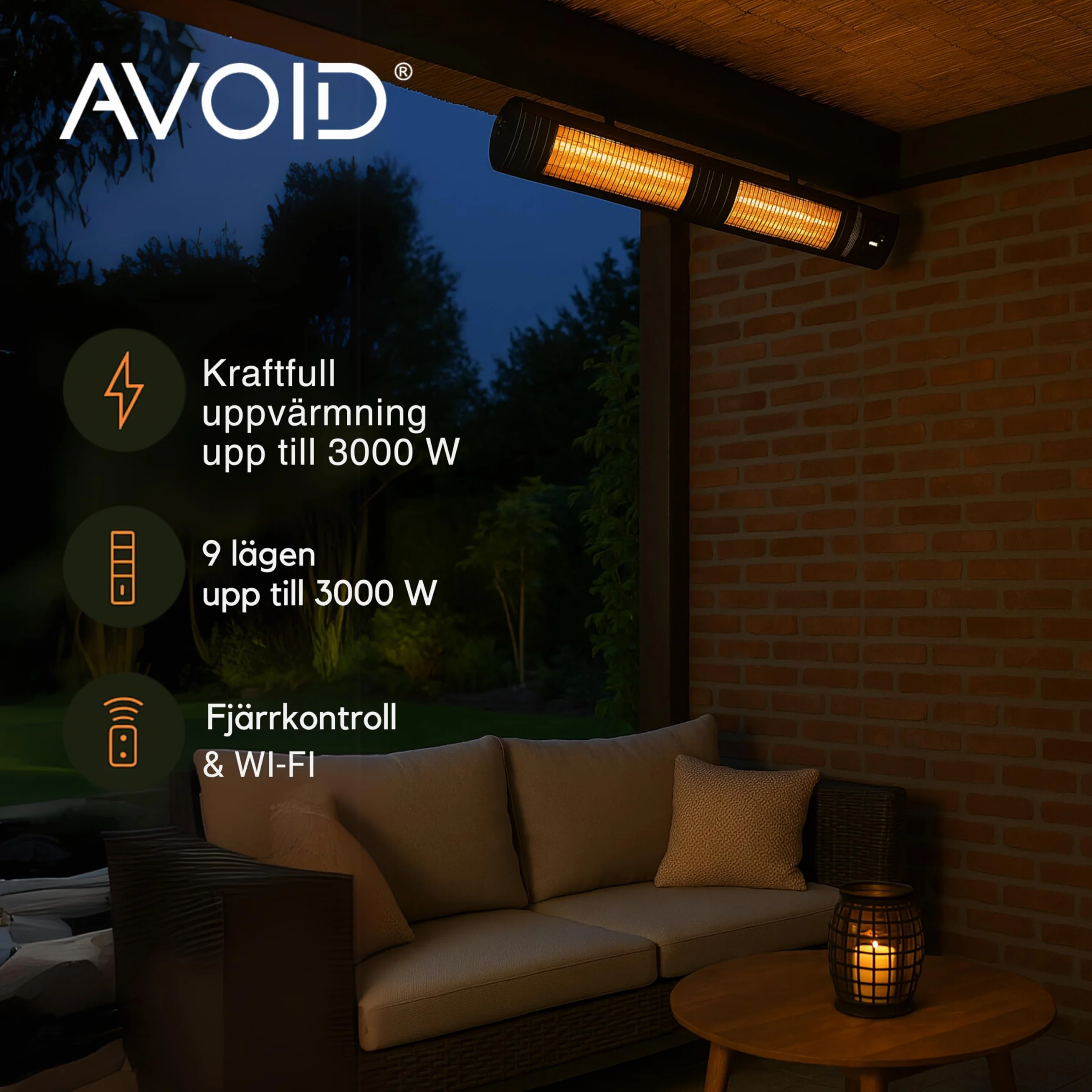 AVOID Grzejnik ścienny na podczerwień 3000 W z pilotem zdalnego sterowania, ogrzewanie na taras i balkon, ogrzewanie elektryczne na zewnątrz z oświetleniem podczerwieni, timer, 9 poziomów