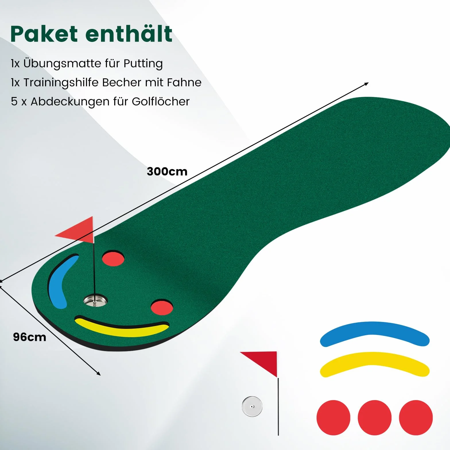 COSTWAY Mata do gry w golfa 300 x 96 cm składana z 3 miseczkami i 1 flagą zielona treningowa