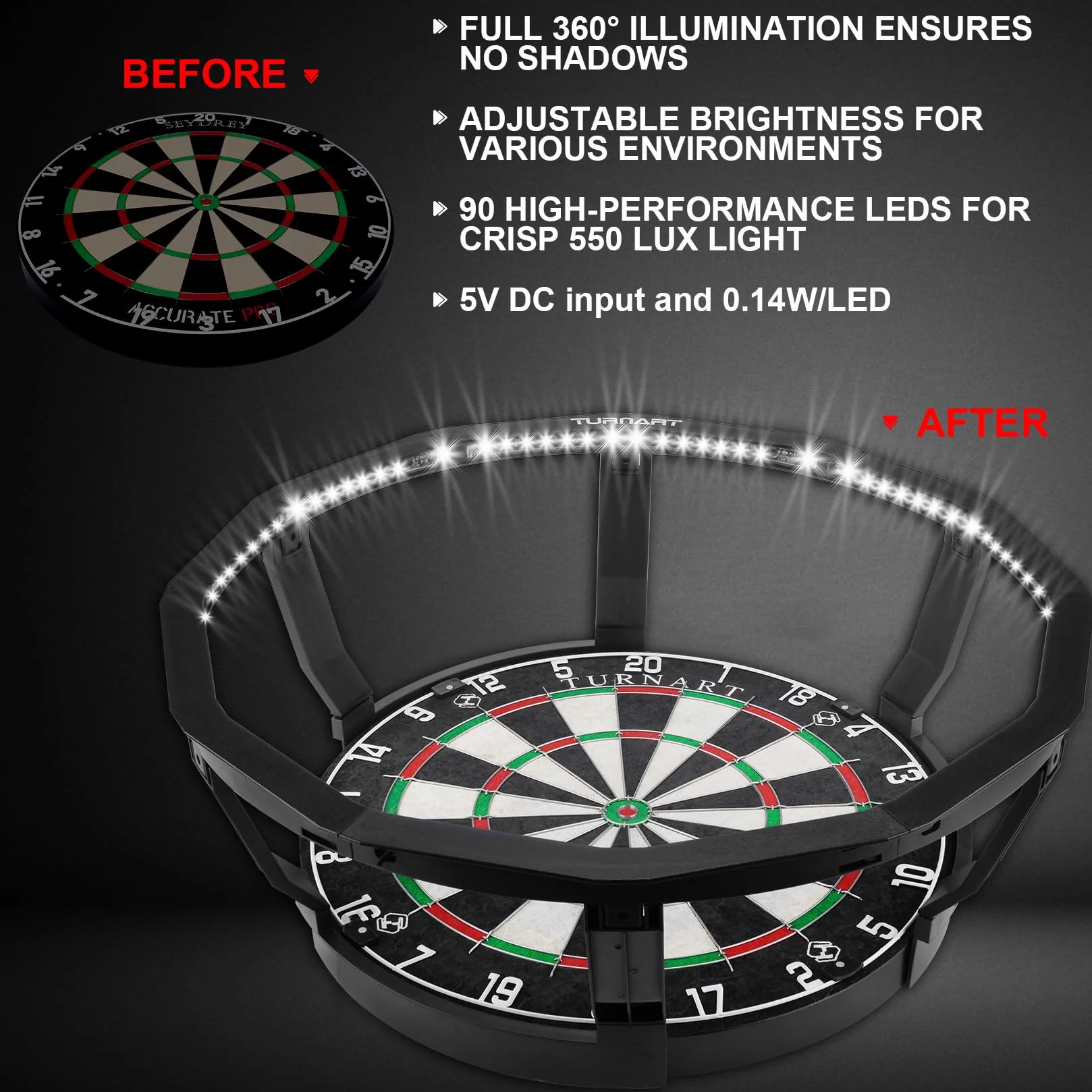 Turnart Oświetlenie tarczy do darta 360° Pro z regulacją jasności Steeldart 90 LED