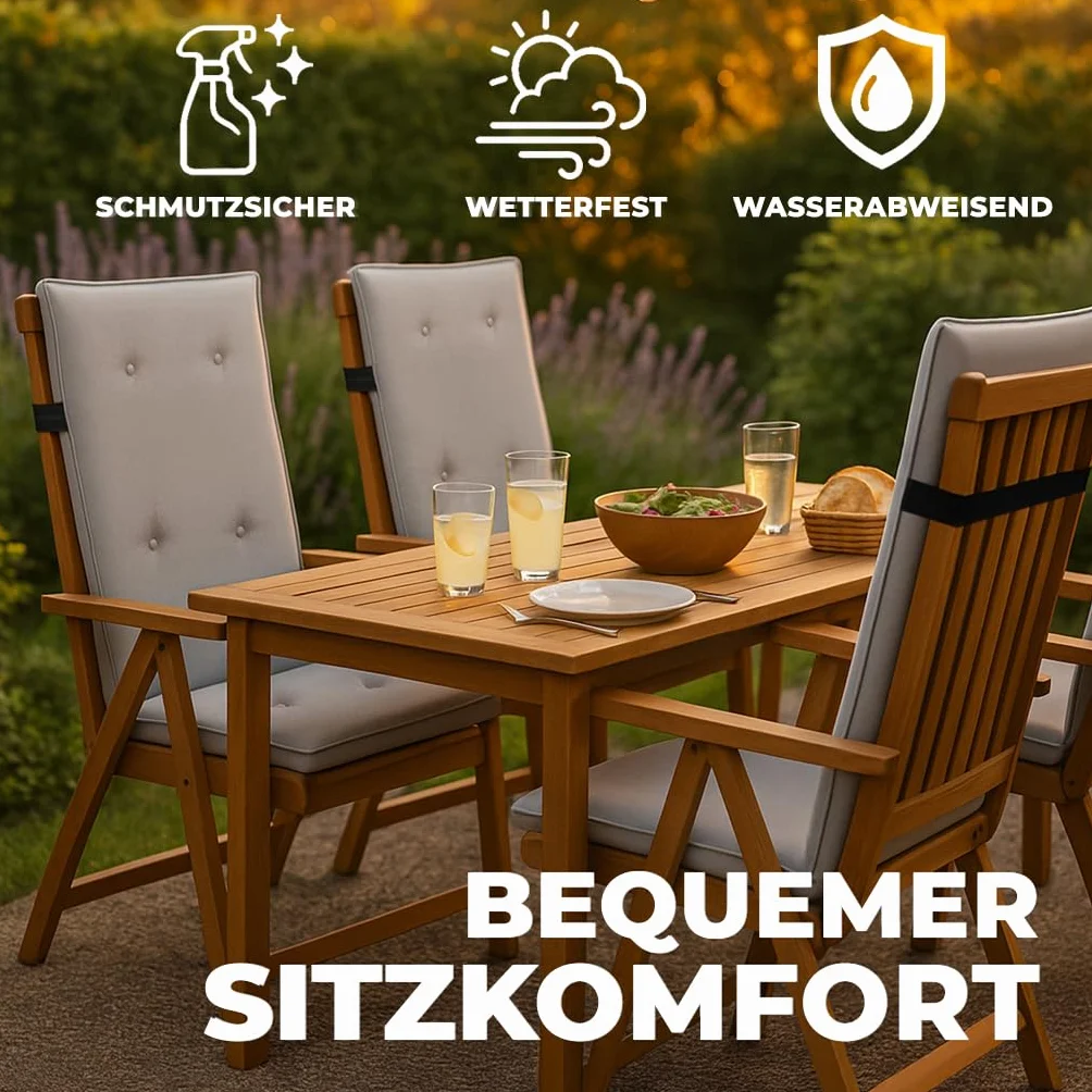 2x Poduszka na krzesła ogrodowe z wysokim oparciem 120x50cm - 8cm Grubości - Premium Materiał 200gsm - Odporne na UV i wodę | Pikowane siedziska z gumką do mocowania | Ciemnoszary