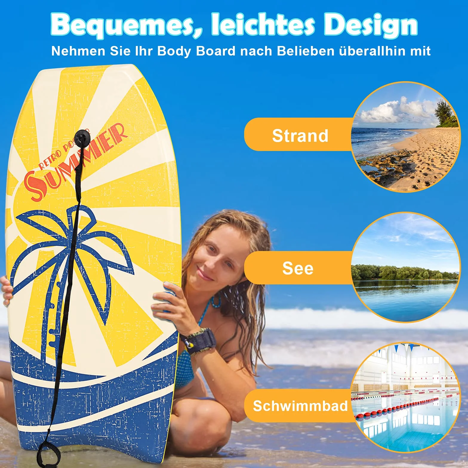 COSTWAY deska do pływania surfingowa dla dzieci 93x47 cm z linką na nadgarstek żółta