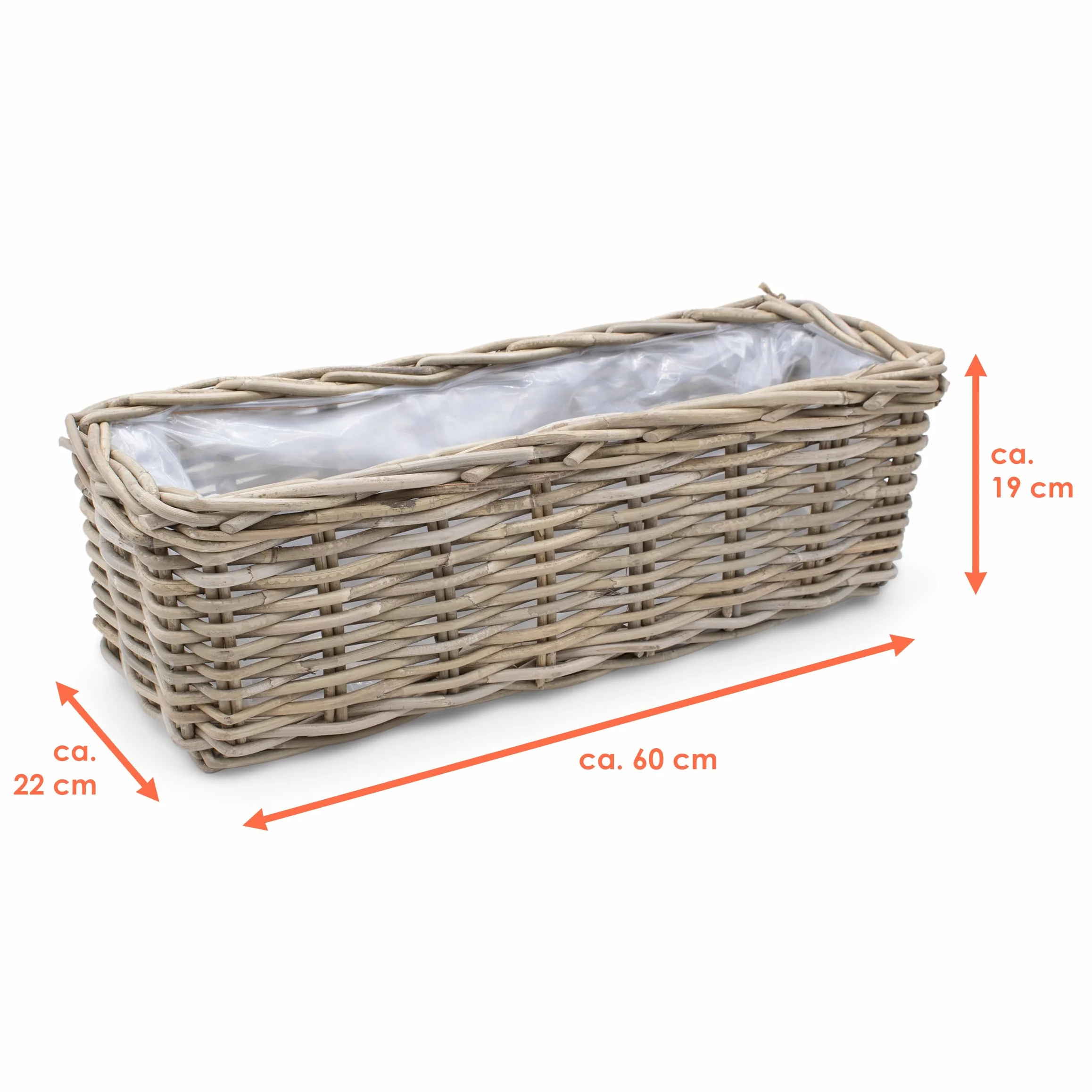 Spetebo Wiklinowa skrzynka na rośliny, kolor naturalny - 60 cm/prostokątna - rattanowy kosz na kwiaty z folią - ogrodowa dekoracja koszyk pleciony doniczka na rośliny doniczka na kwiaty
