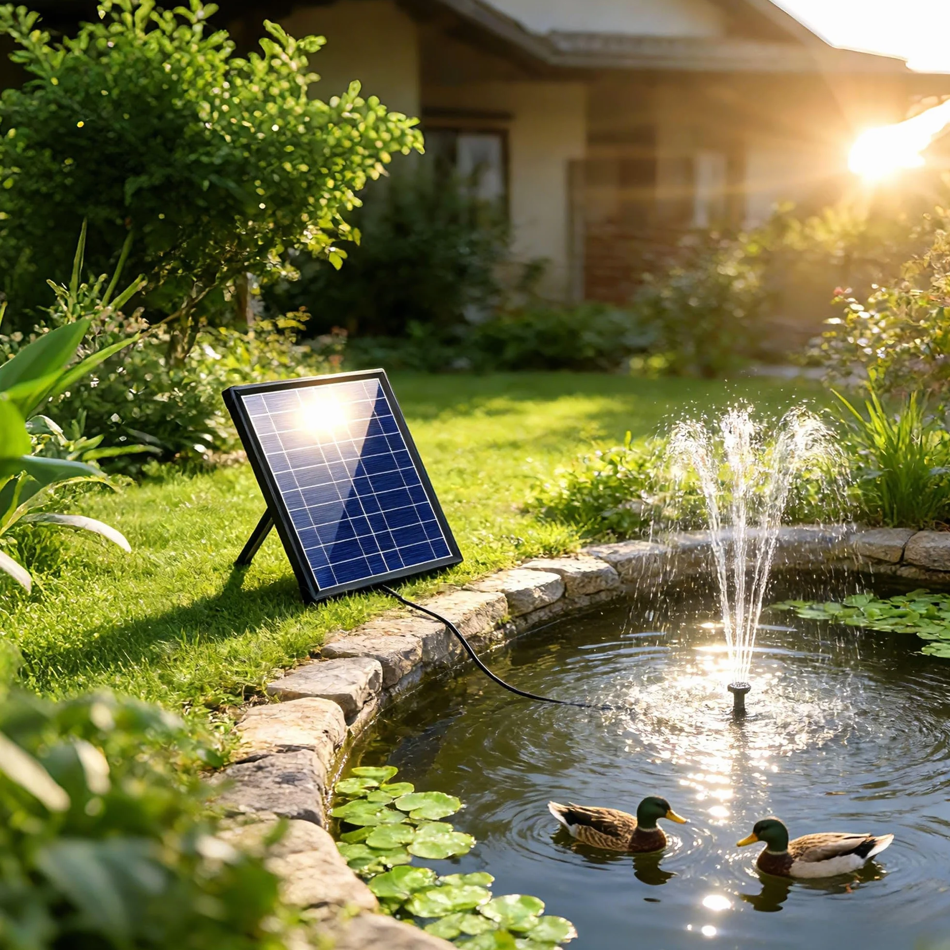 Biling pompa solarna do stawu 7,5 W z filtrem, 300 l/h z wężem 1,5 m, kabel 3 m, 10 dysz do samodzielnego wykonania stawu ogrodowego, zbiornika dla ptaków, fontanny solarnej, wody