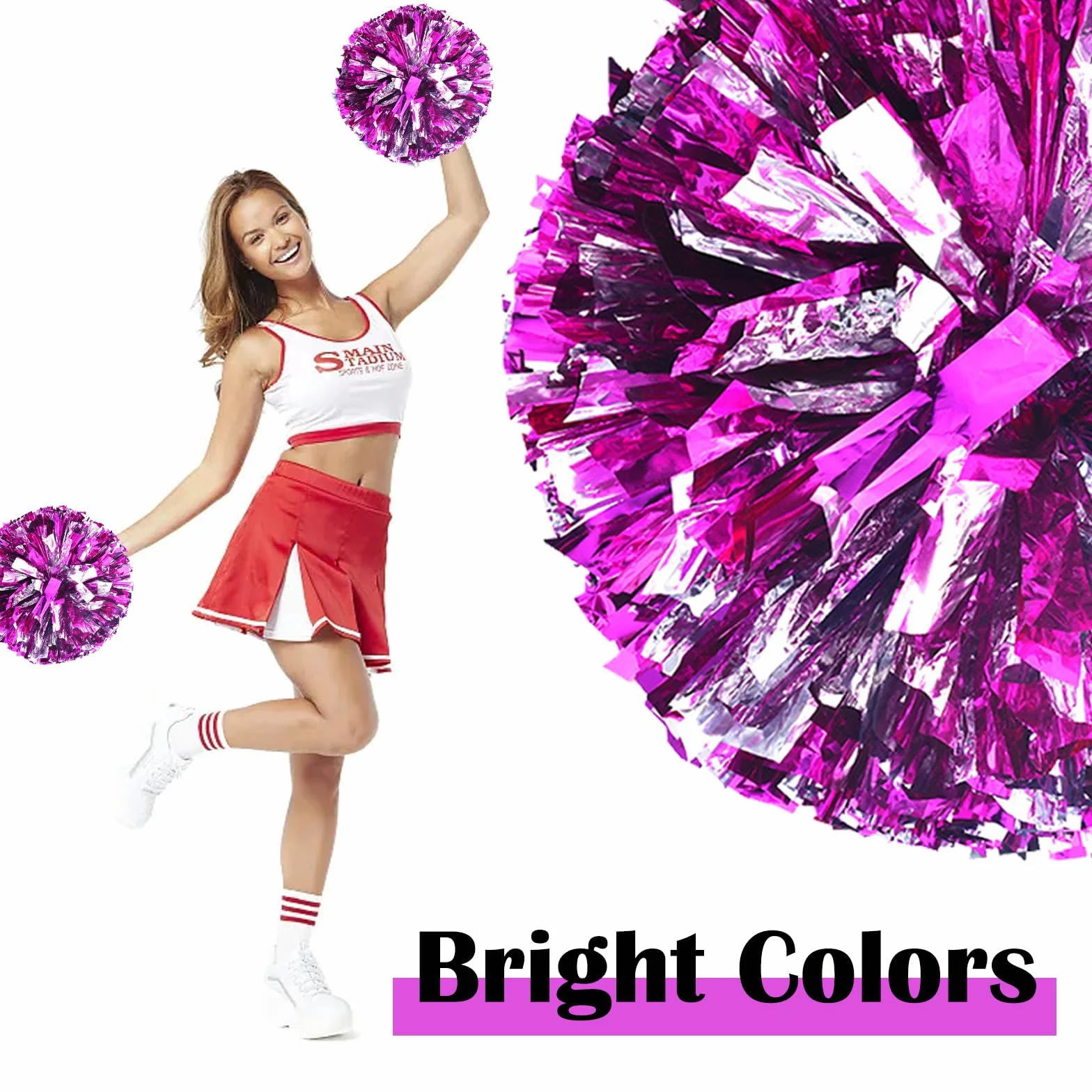 2 pompony cheerleaderek, pompony cheerleaderki, metalowe pompony z folii, sportowe pompony, metaliczne, piękne pompony cheerleaderki, kolorowe pompony dla dzieci, do uprawiania sportu, występów, tańca
