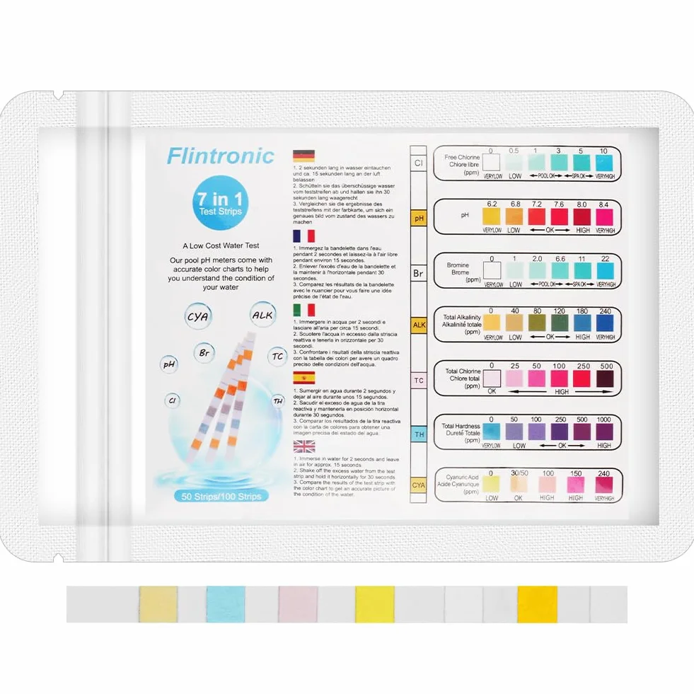 Flintronic 100 pasków testowych do basenu i spa, 7 w 1, paski do spa i basenu, paski ph do testowania jakości wody, bromu, pH, twardości, chloru i wolnego chloru, 100 sztuk