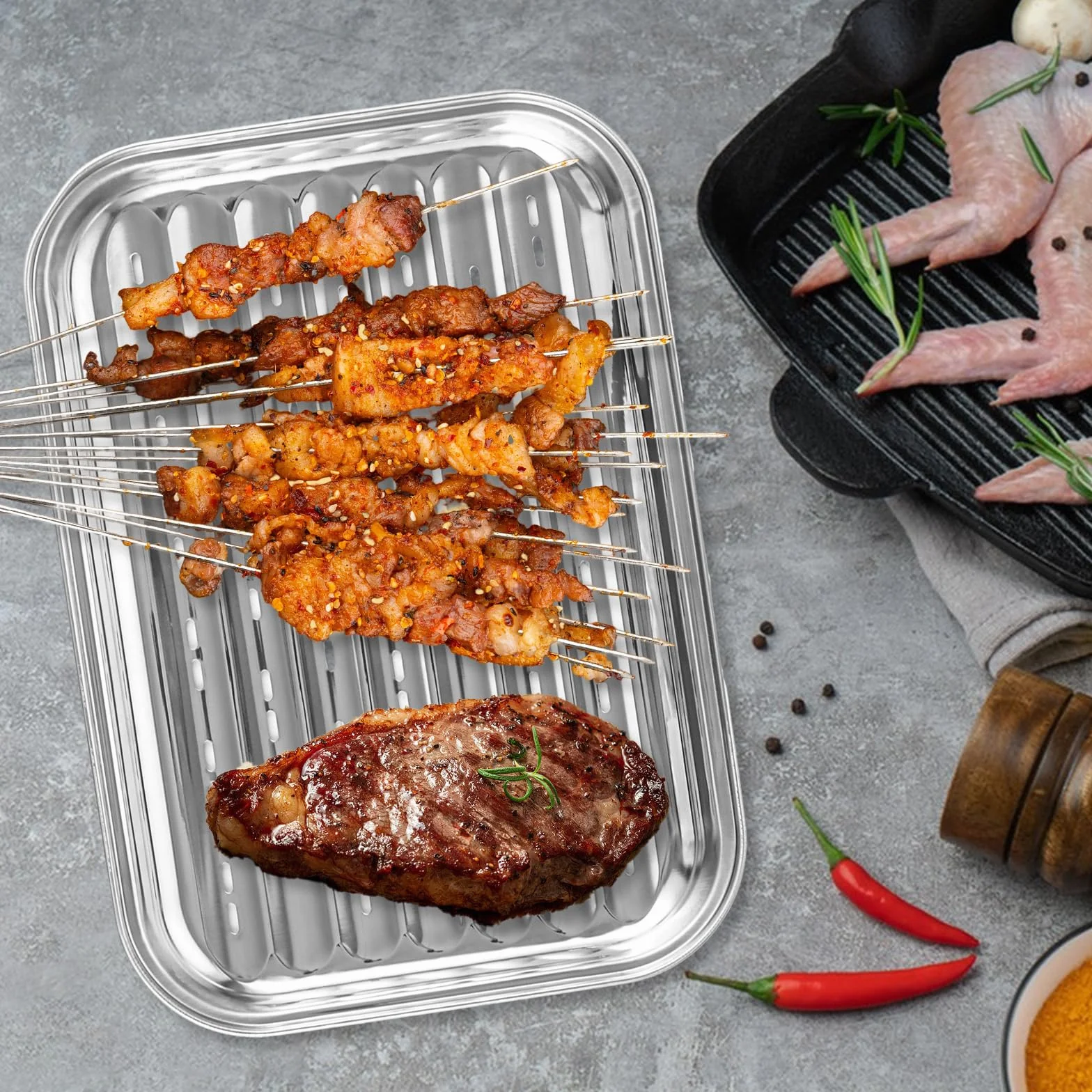 2 sztuki tacki do grillowania wielokrotnego użytku, prostokątne naczynia do grilla z stali nierdzewnej, perforowane, 34,5 x 24,5 cm, do grilla gazowego i węglowego, mięsa, warzyw