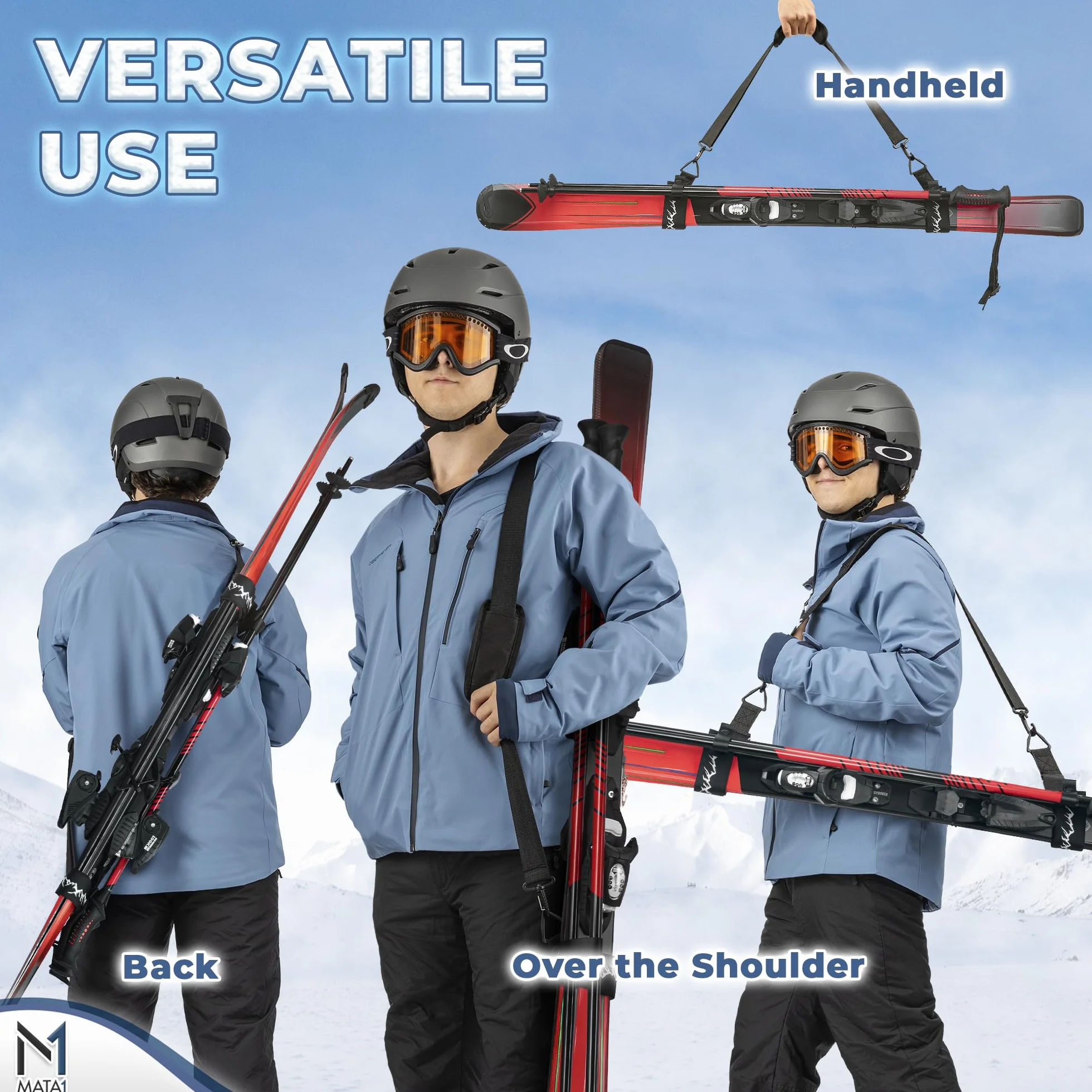 Ski Strap and Pole Carrier – Black – Adjustable shoulder strap for easy carrying of skis and poles