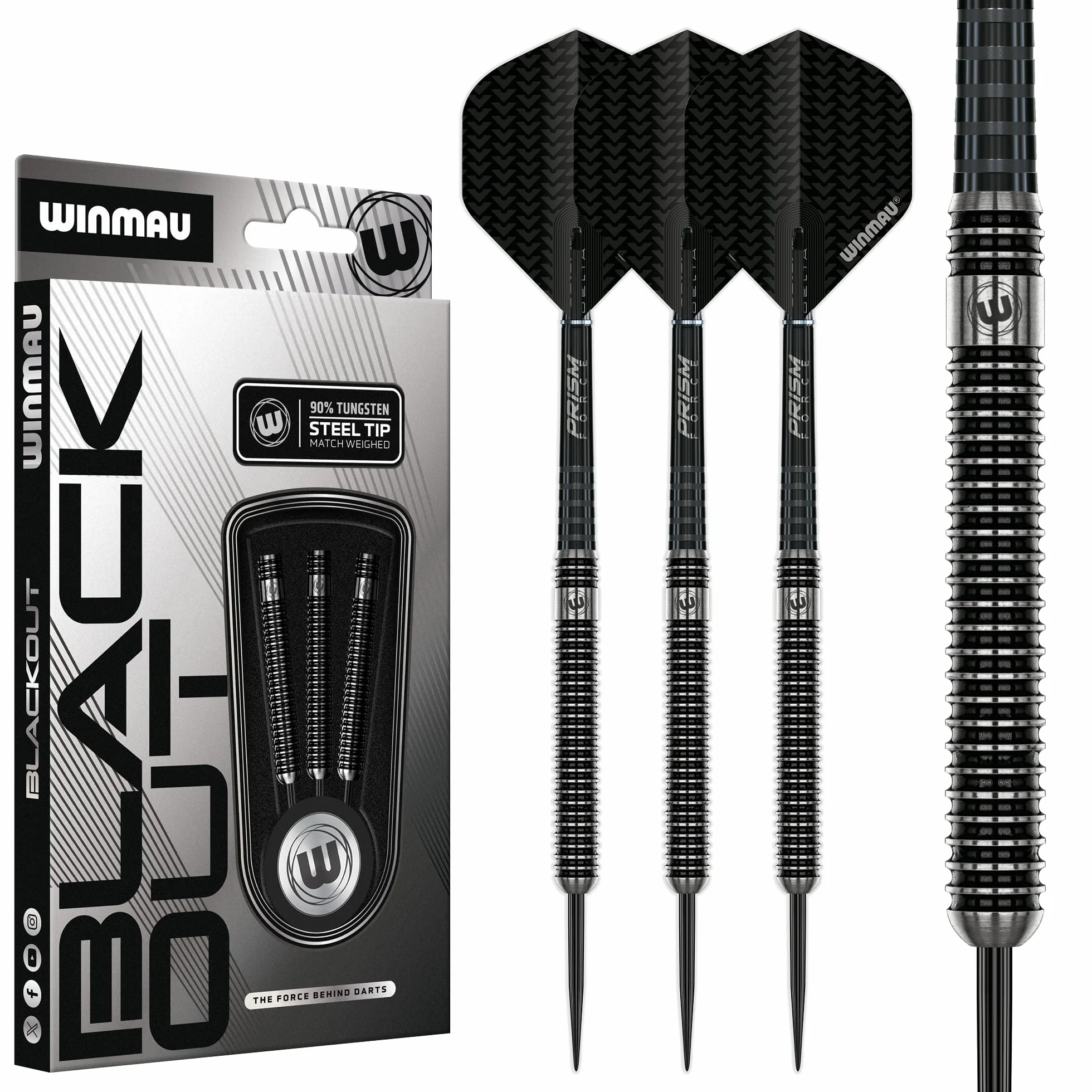 WINMAU Seria Blackout 90% rzutki wolframowe zestaw z lotkami i trzonkami 16 g 18 g 21 g 22 g 23 g 24 g