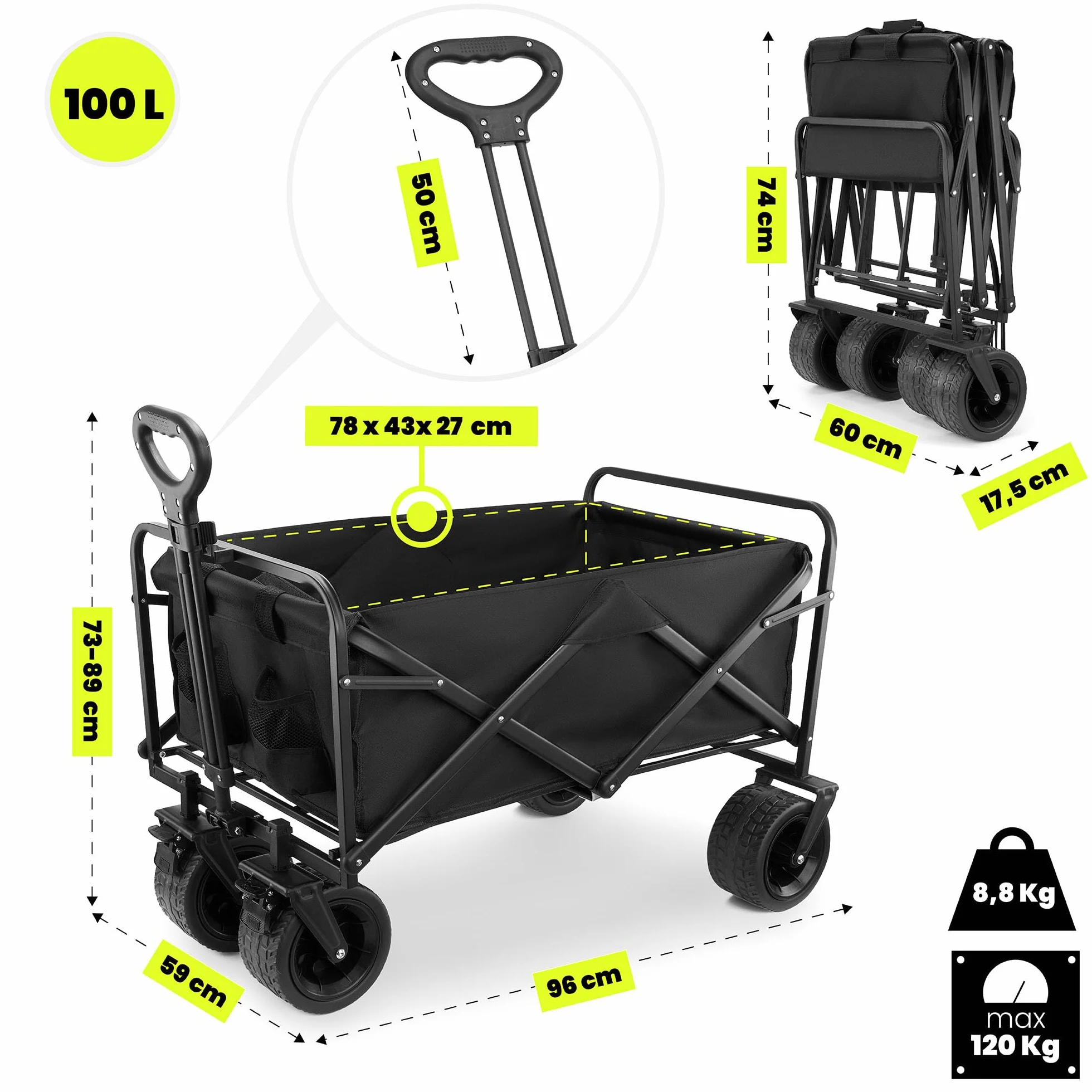 HyperMotion Wózek Turystyczny Składany Czarny – Udźwig 120 kg – Terenowy Wózek Transportowy na Plażę, Camping i Zakupy – Obrotowe Koła, Hamulce, Tkanina Oxford 600D