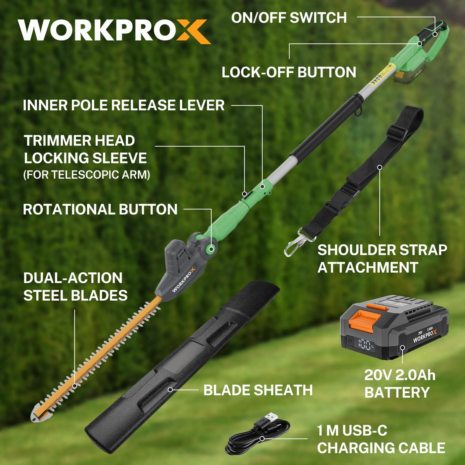 WORKPRO X akumulatorowe nożyce teleskopowe do żywopłotu 20 V z 2,0 Ah Batteie i kablem do ładowania typu C, długość cięcia 2,8 m, długość cięcia 45 cm, Ø 18 mm, podkaszarka do żywopłotu z drążkiem
