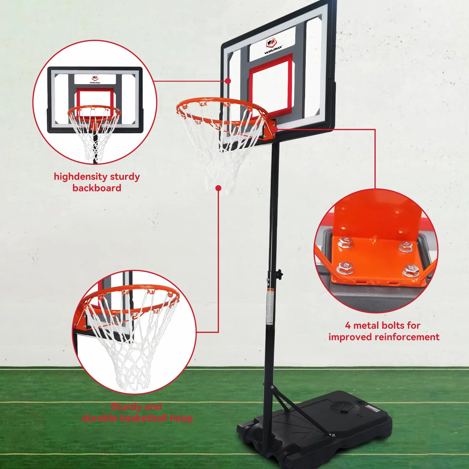 Przenośny kosz do koszykówki regulowany 95-229 cm, stojak z tylną płytą PC 80 cm