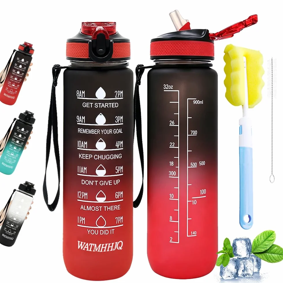 Butelka wodna sportowa 1L ze słomą i markerem czasu, BPA Free Duża butelka do siłowni 1000ml z liną do przenoszenia, szczelny flip top z zamką bezpieczeństwa do pieszych wycieczek