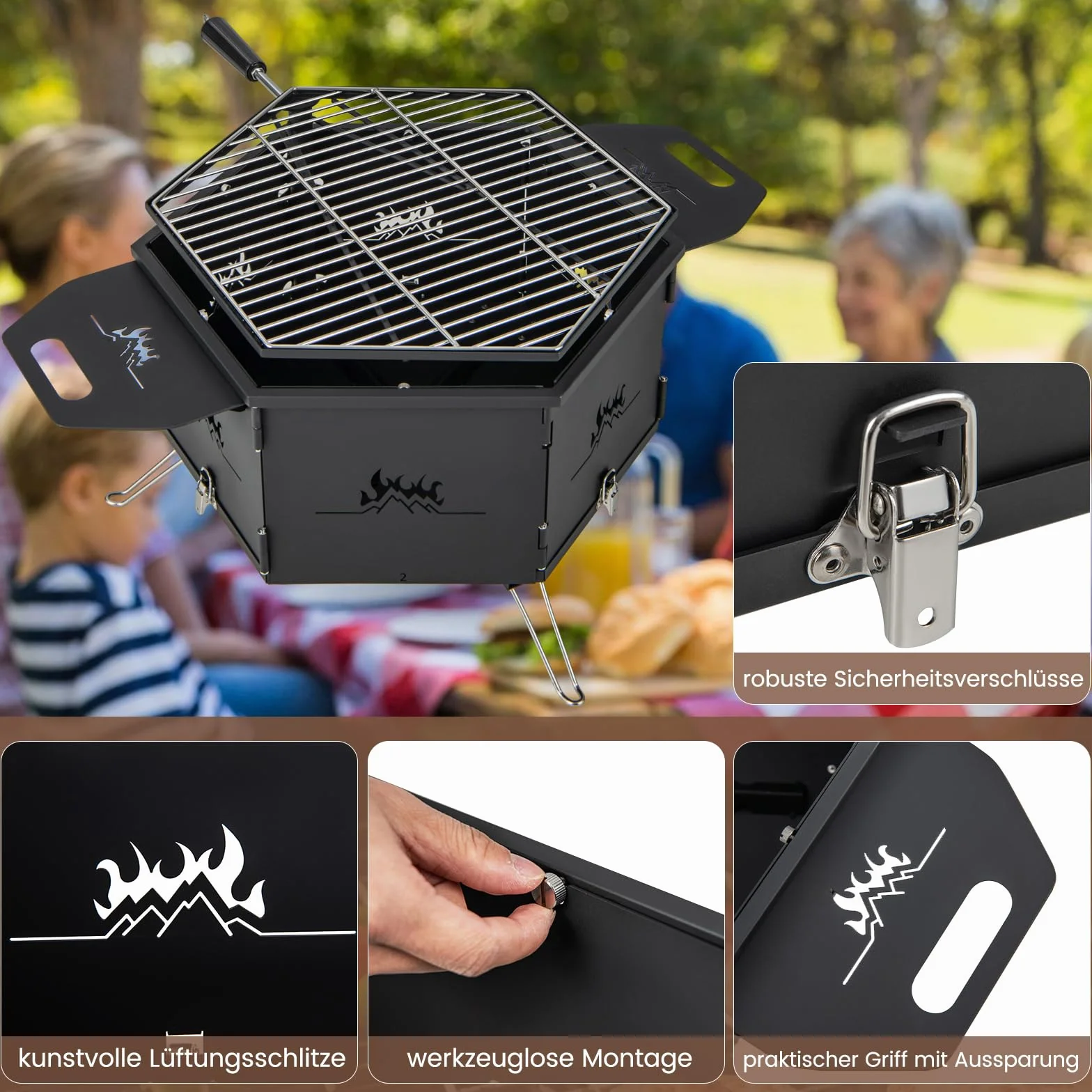 COSTWAY Duży grill na węgiel drzewny, obracany o 360°, palenisko 2 w 1, składany grill, grill kempingowy z uchwytami do gotowania i ogrzewania, na imprezy, kemping, wędrówki z plecakiem, 77 x 74 x 38