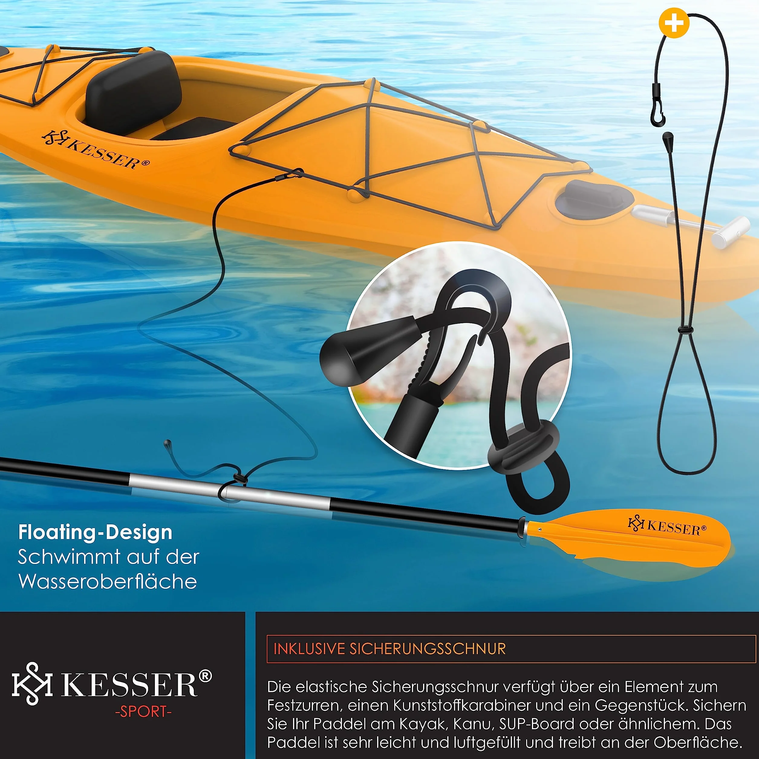 KESSER® Podwójne wiosło – 4-częściowe do kajaka, SUP, SUP, 228 cm, aluminium, super lekkie, do pontonów, kajaków, surfingu, łodzi