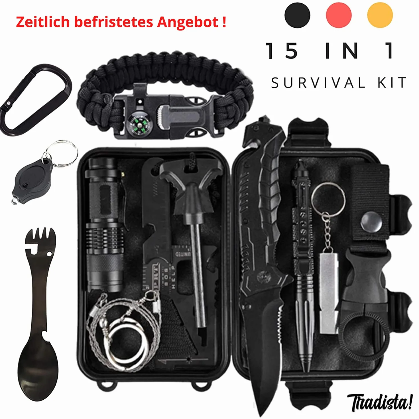 Zestaw survivalowy 15 w 1 nóż latarka taktyczna czarny