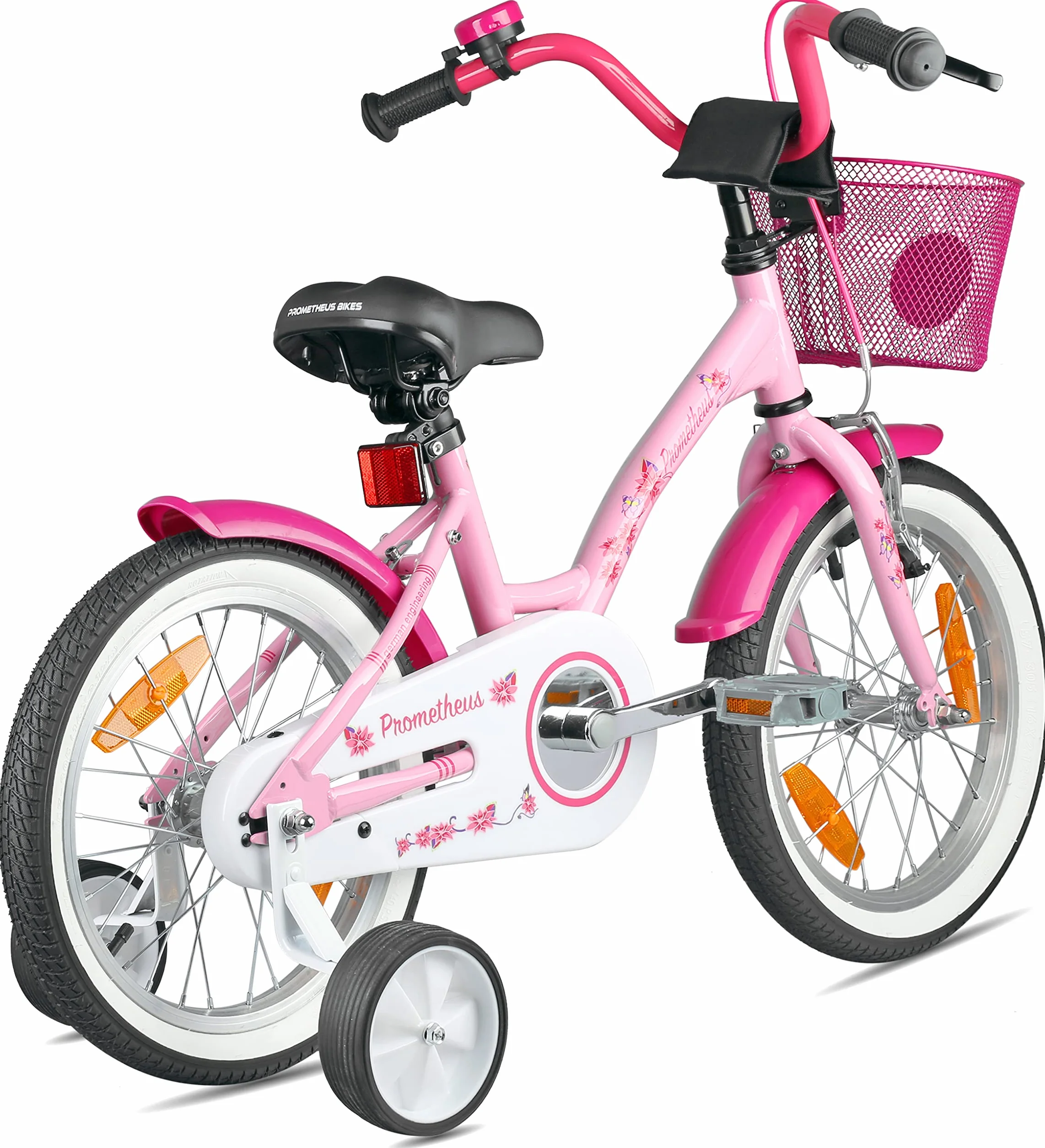 PROMETHEUS BICYCLES rower dziecięcy 16 cali dla dziewczynki z kółkami treningowymi hamulec nożny różowy